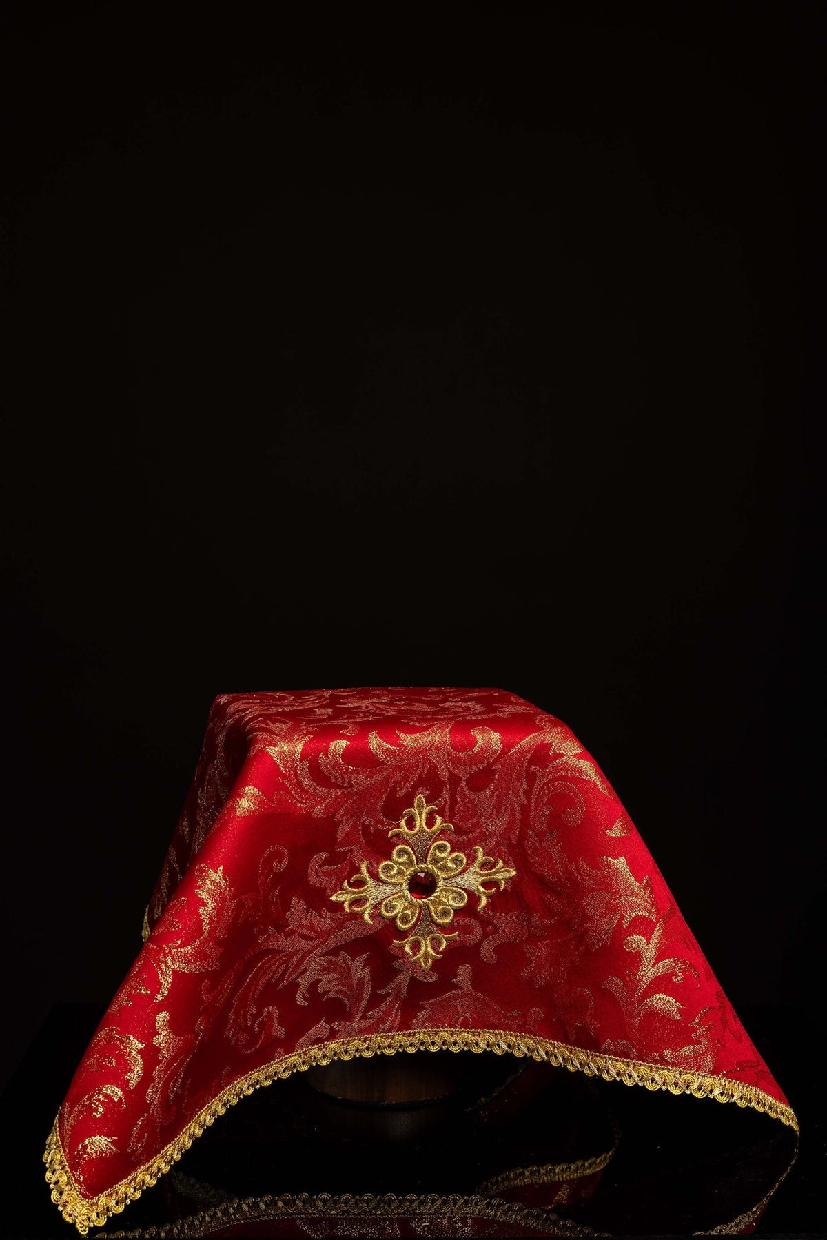 Red Embroidered Chalice Veil with Cross Motif and Red Stone, displayed from the front