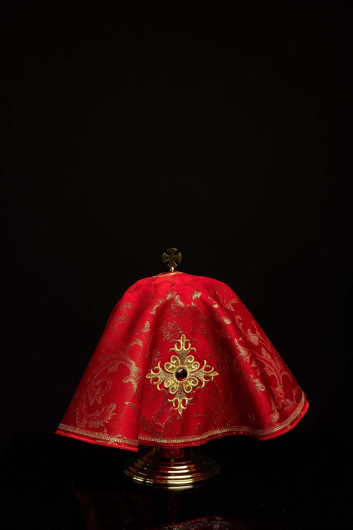 Red Ciborium Veil with Embroidered Cross and Central Stone, 21 in (53 cm), front view