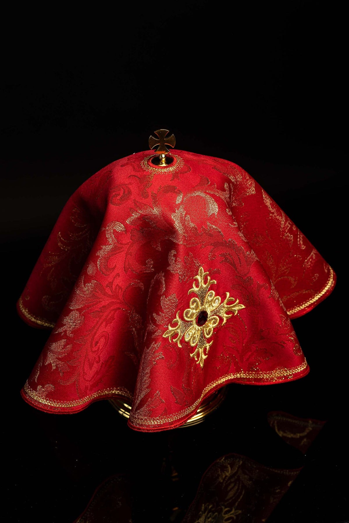 Ciborium veil back view with gold brocade, embroidered cross, and top cross finial