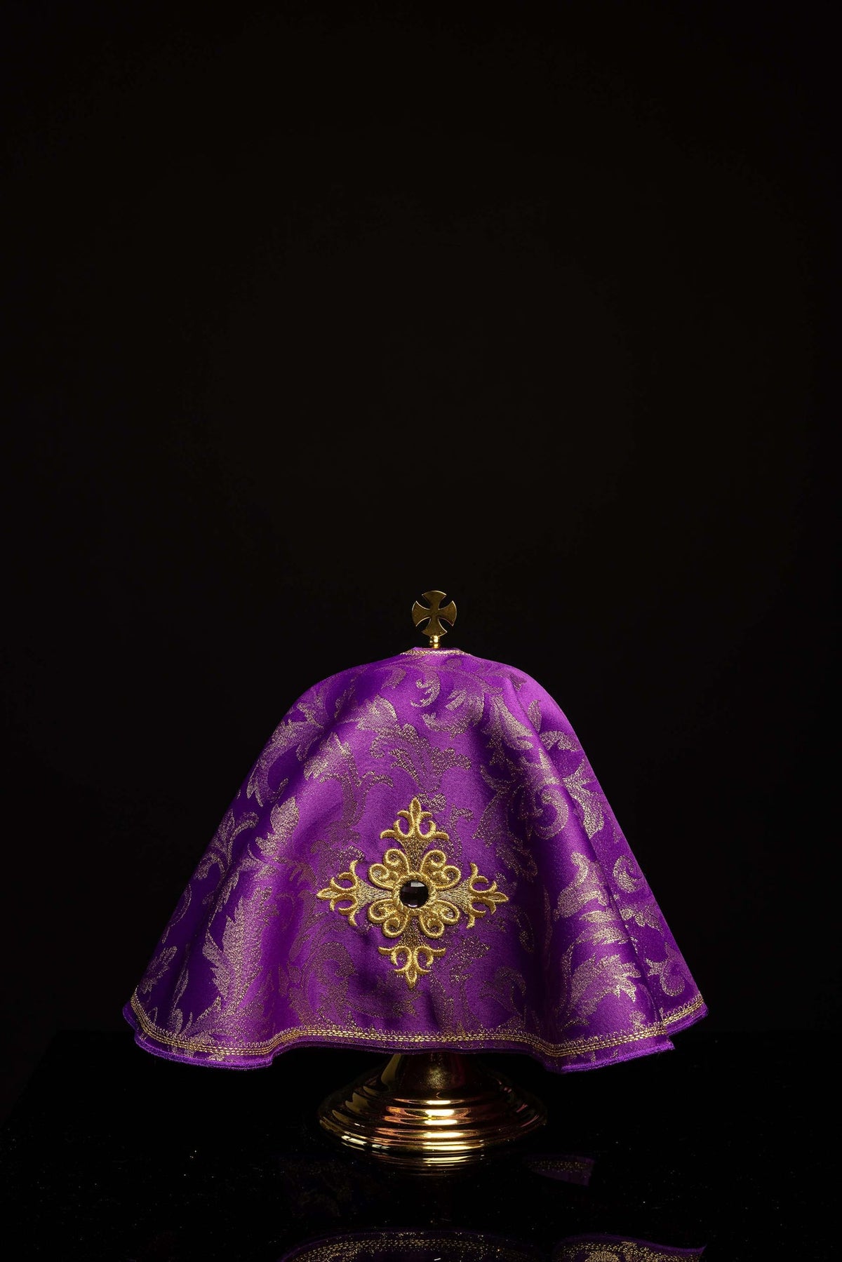 Purple Embroidered Ciborium Veil with Cross Motif and Stone, front view with gold trim