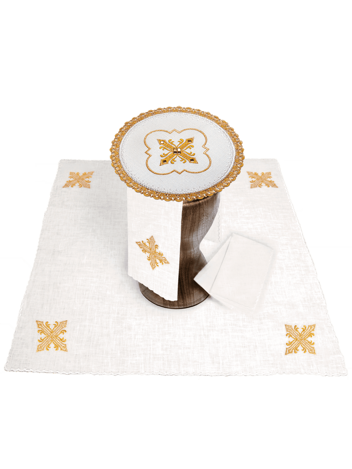 Altar Linen Set with Gold Cross Embroidery and Stones, white linen set shown arranged with gold embroidery