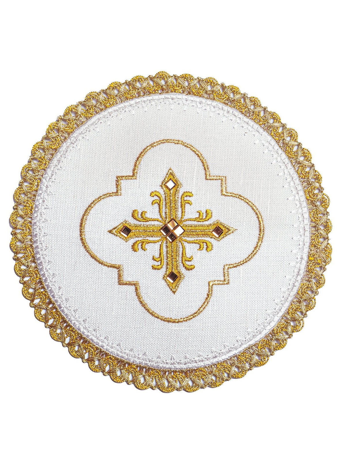 Altar linen set close-up of white round piece with gold cross embroidery, stones and lace edge