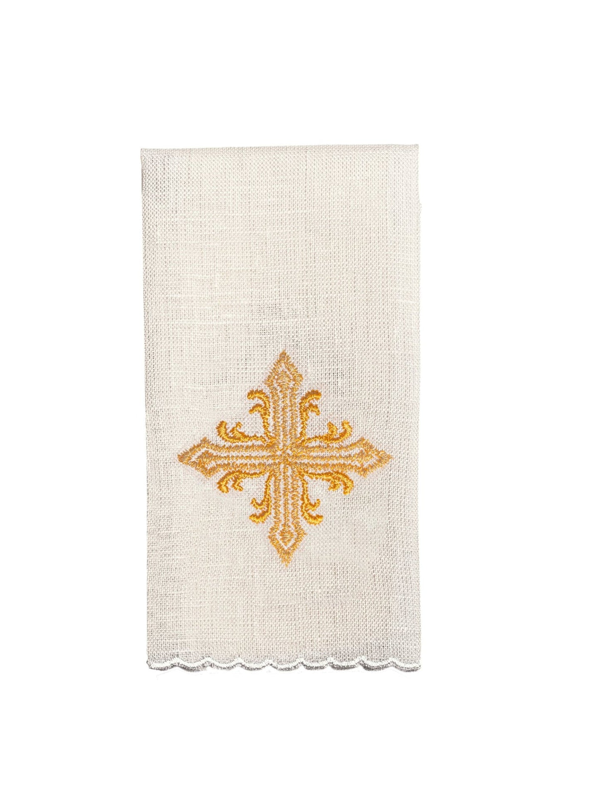 Altar linen set close-up of white linen cloth with centered gold cross embroidery