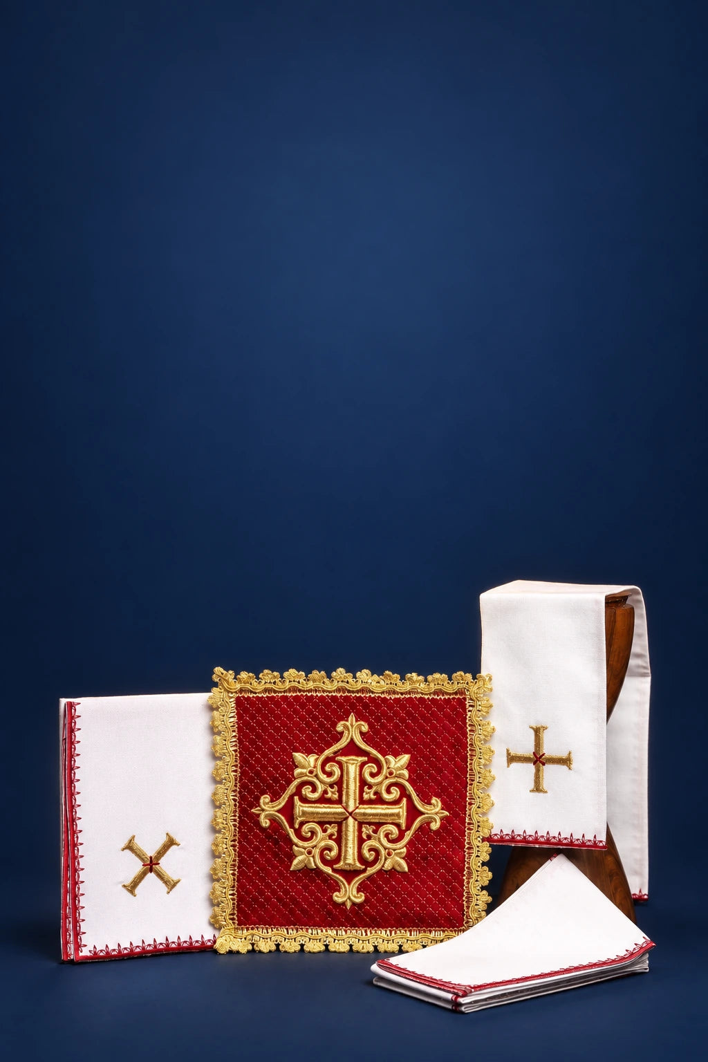 Red Velvet Altar Linen Set with Embroidered Cross, full set view with red velvet chalice pall and white linens