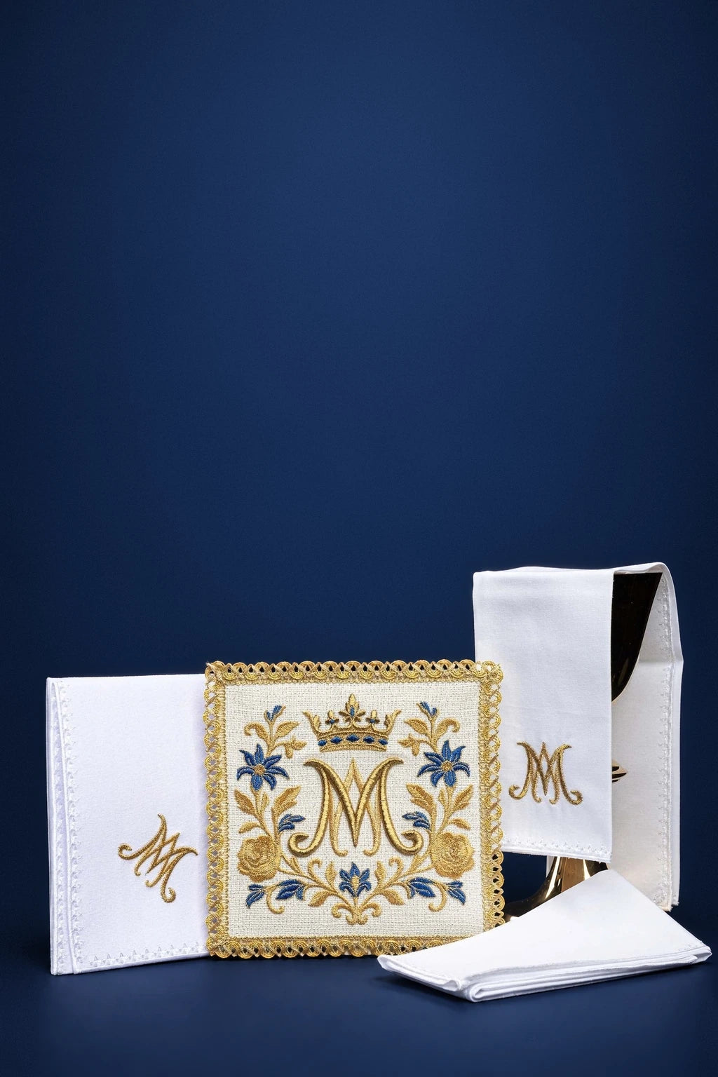 Embroidered Altar Linen Set with a Marian Symbol, white linens with gold and blue embroidery