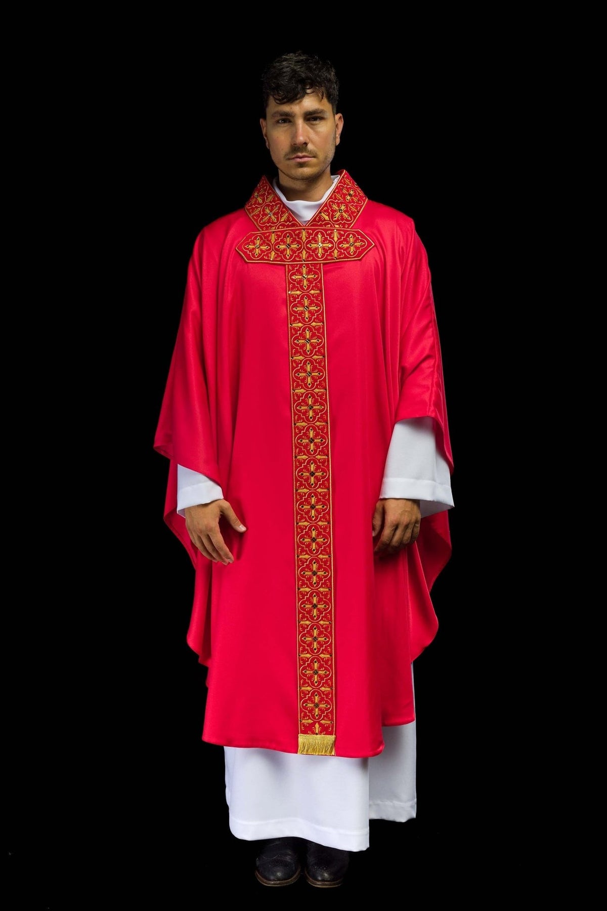 Red chasuble, full front view with embroidered gold cross orphrey and trim