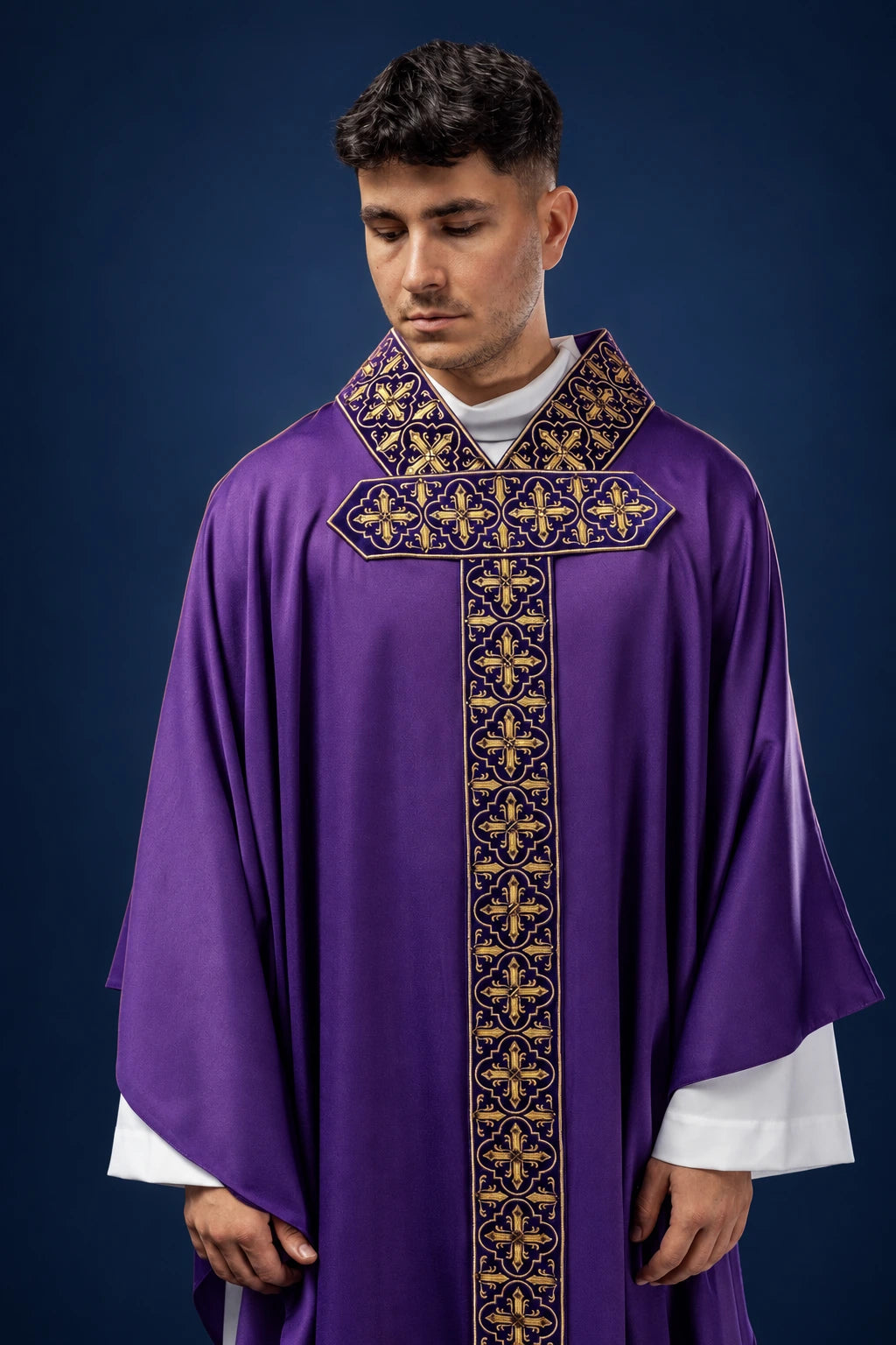 Purple Chasuble Decorated with Five Hundred Decorative Stones, front view with gold embroidered cross orphrey