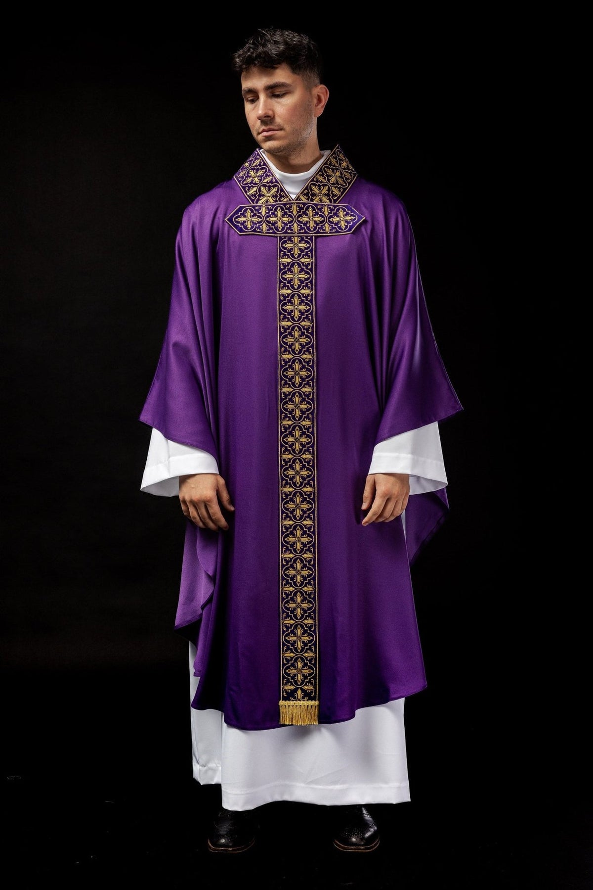 Purple chasuble, full front view with embroidered gold cross orphrey and trim