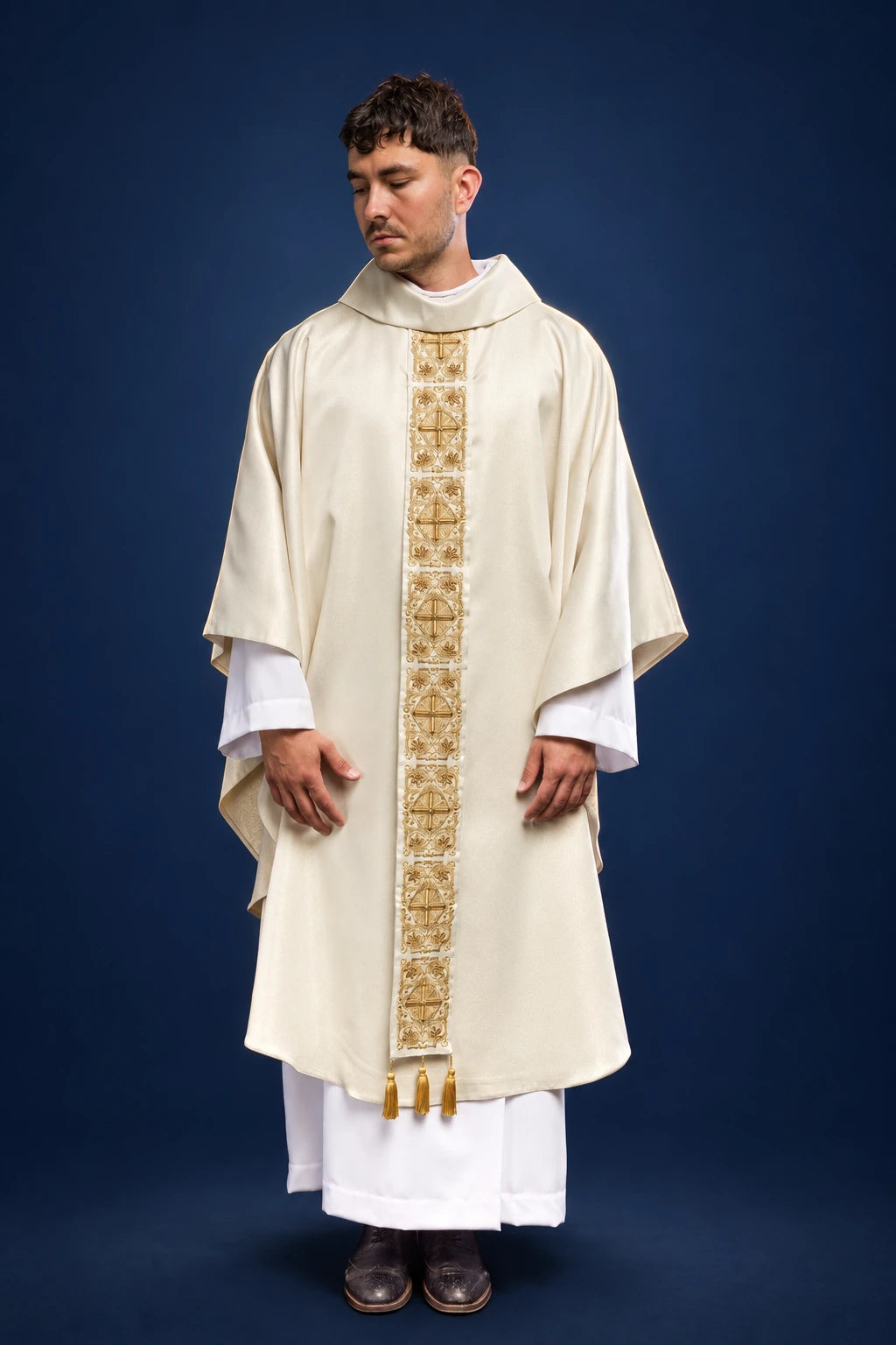 Gold Chasuble with Stand-Up Collar and Inner Stole, front view with embroidered gold orphrey and crosses