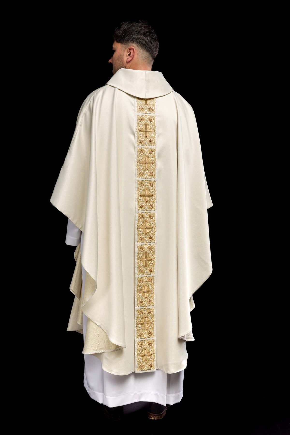 Chasuble back view with stand-up collar and embroidered gold orphrey
