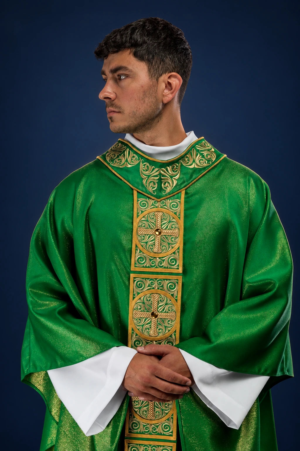 Green Chasuble with Richly Embroidered Orphrey and Faceted Stones, front view worn
