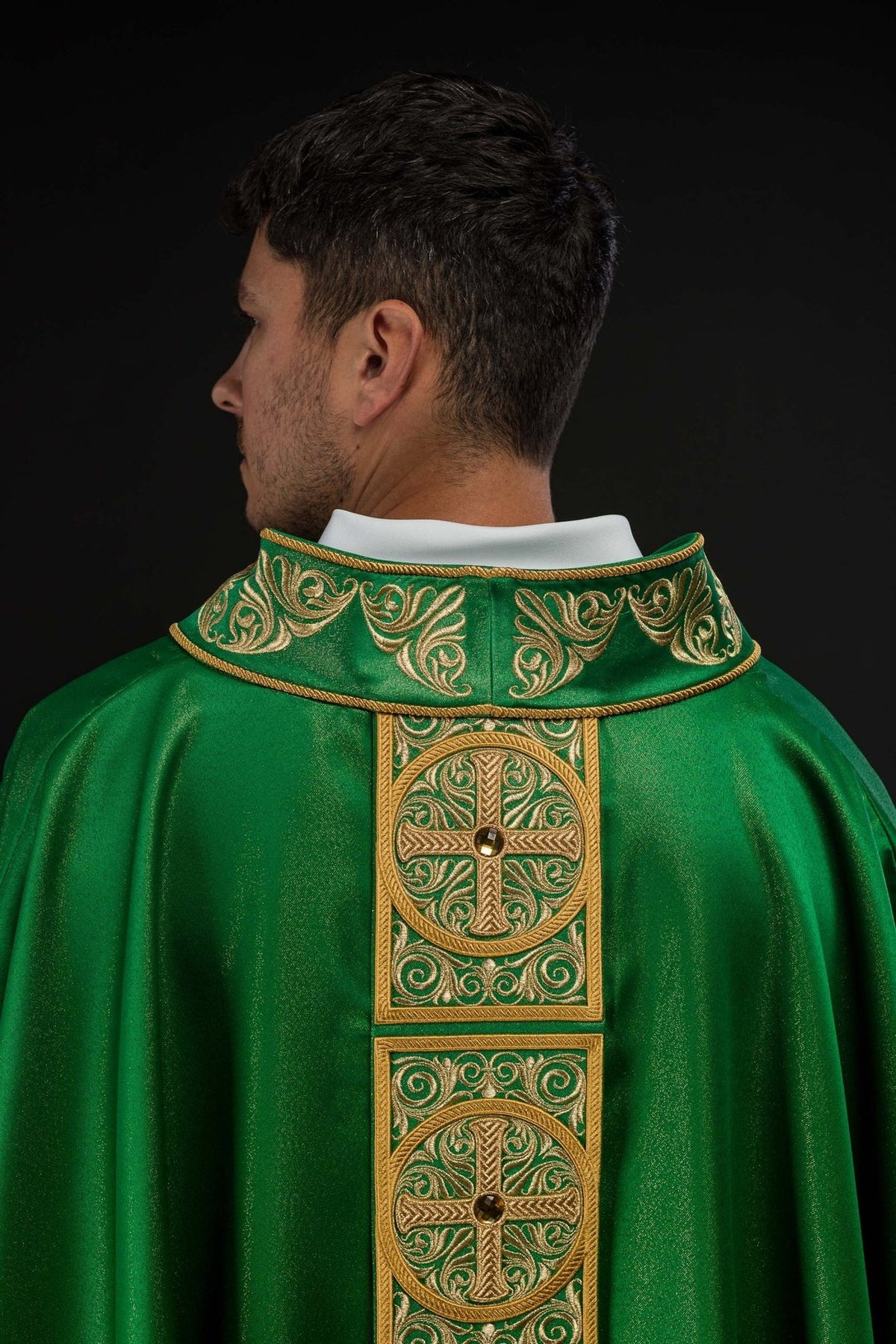 Green chasuble back close-up with embroidered collar and orphrey