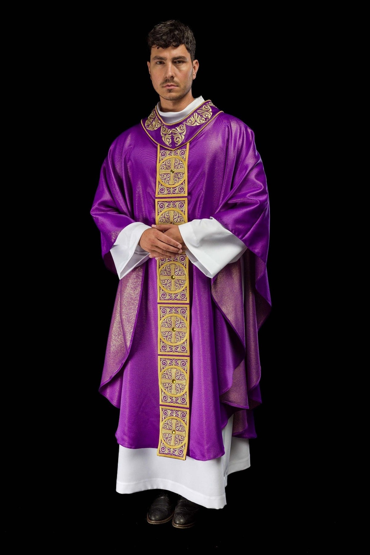 Purple chasuble, full front view with embroidered orphrey and cross motifs