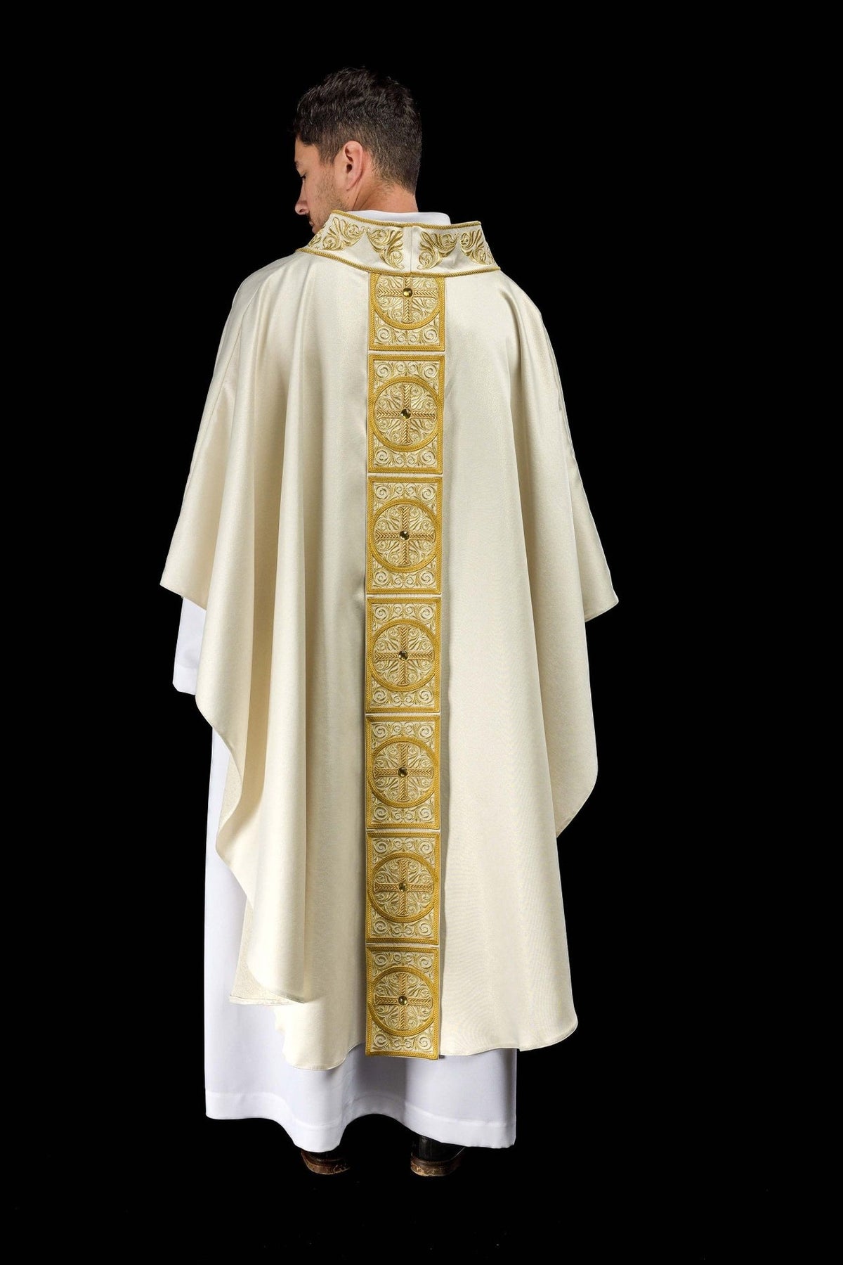 Gold chasuble back view with embroidered orphrey and stand-up collar