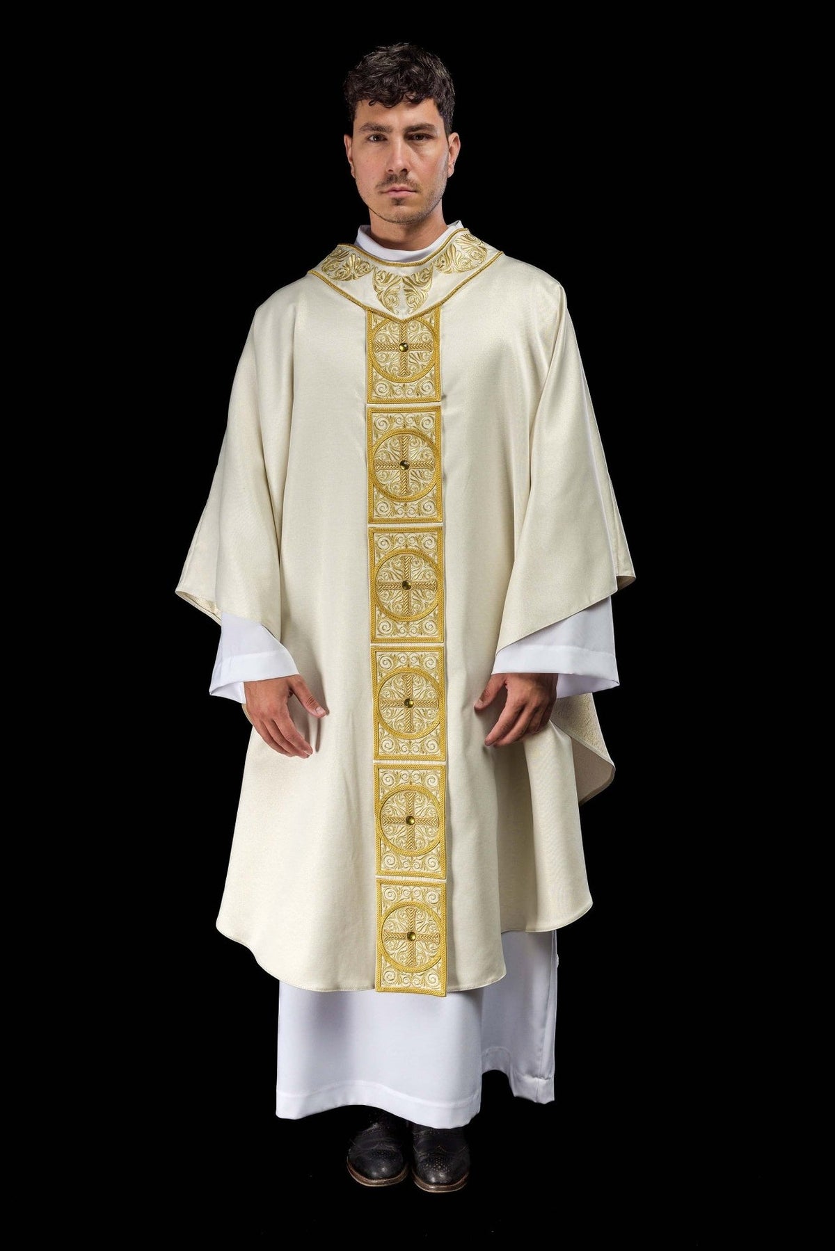 Gold chasuble full back view with embroidered orphrey