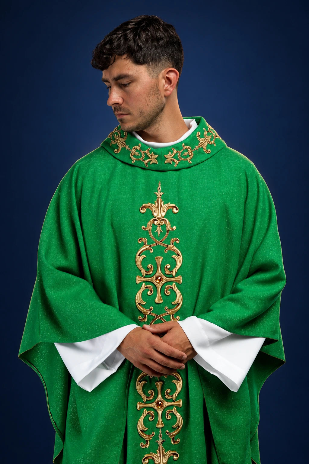Green Chasuble with Rich Embroidery and Stones, front view with gold embroidery and cross