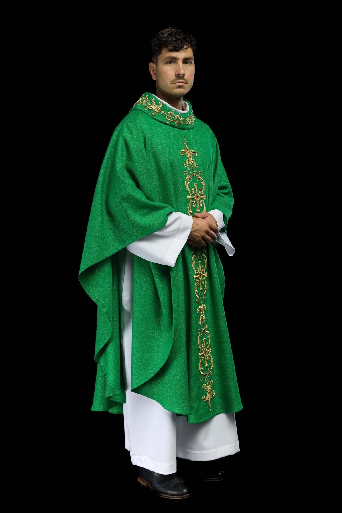 Green chasuble side front view with gold embroidery and decorated collar