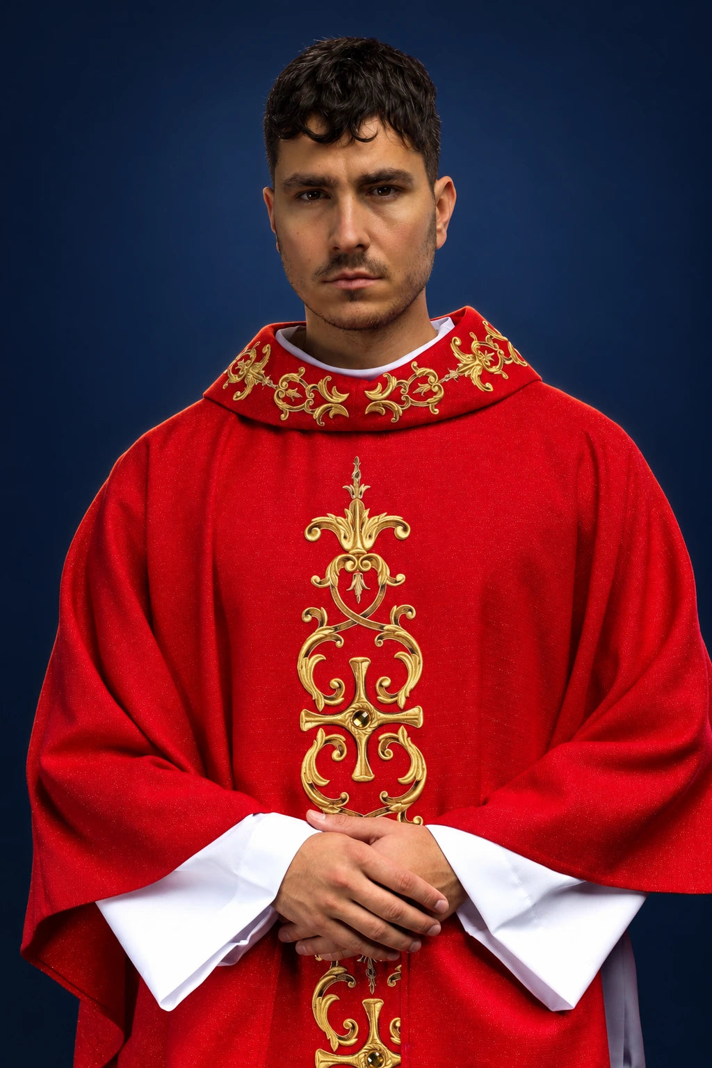 Red Richly Embroidered Chasuble with Stones, front view with gold embroidery and stand-up collar