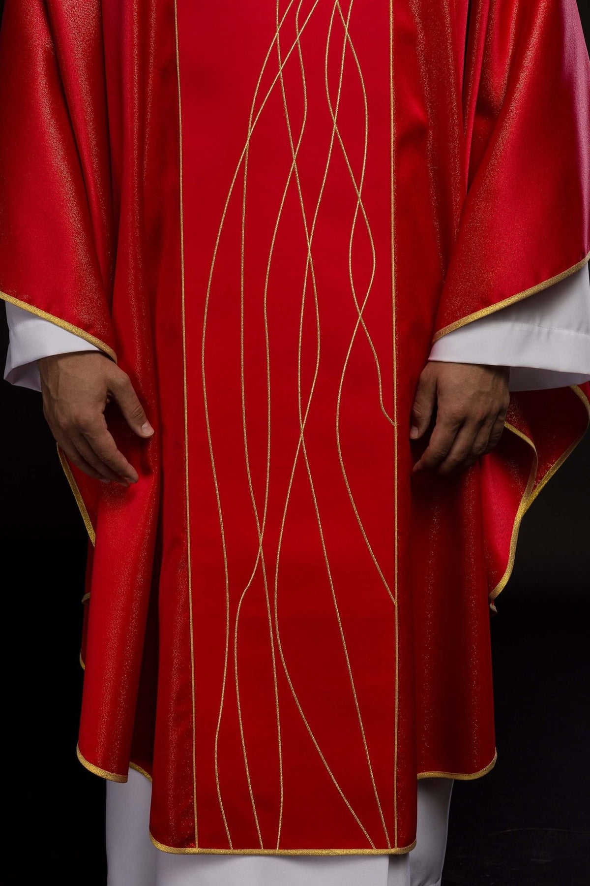 Red chasuble front detail with Holy Spirit embroidery and shimmering fabric