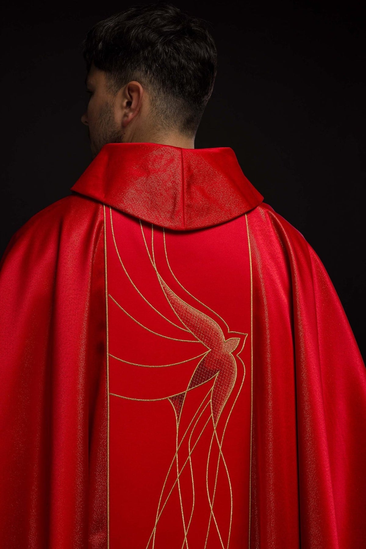 Red chasuble back close-up with stand-up collar and Holy Spirit embroidery
