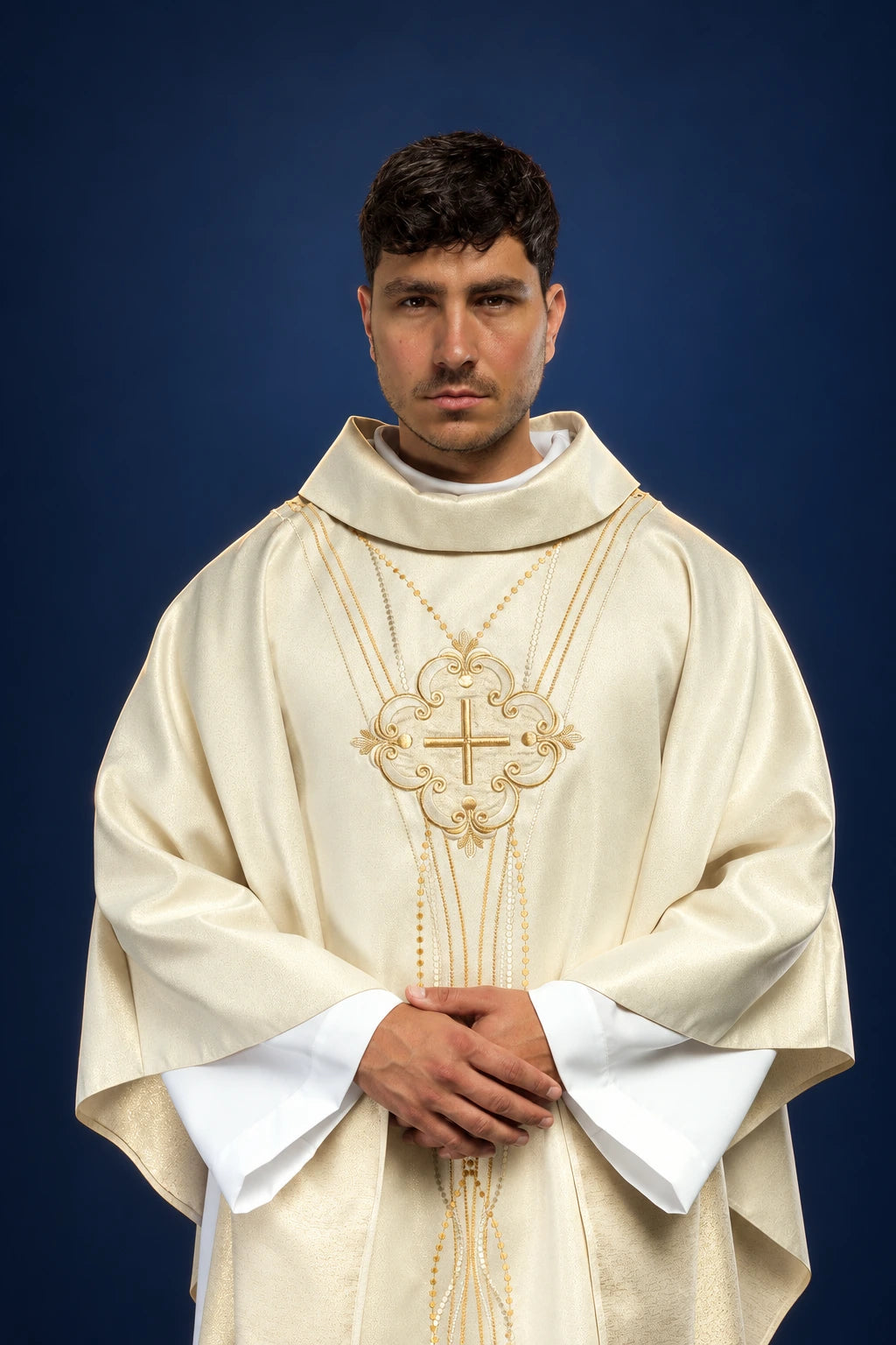 Ecru Chasuble in Shimmering Fabric with Rosary-Inspired Design, front view with gold cross embroidery