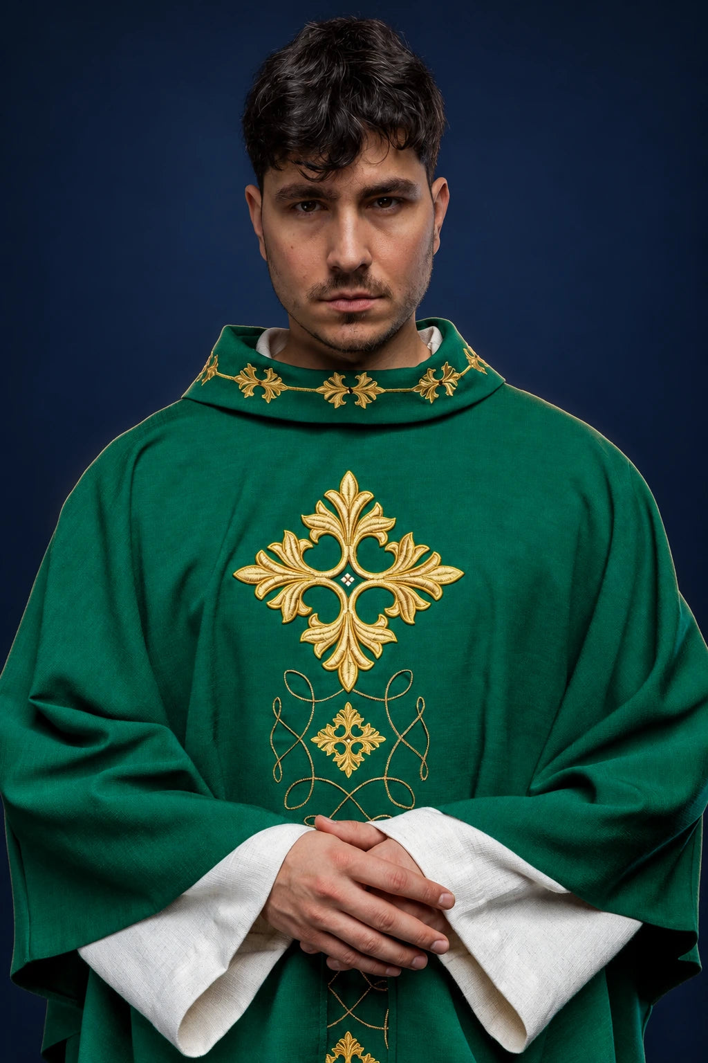 Green Chasuble Richly Embroidered with Cord and Stones, front view with gold cross and ornate motifs