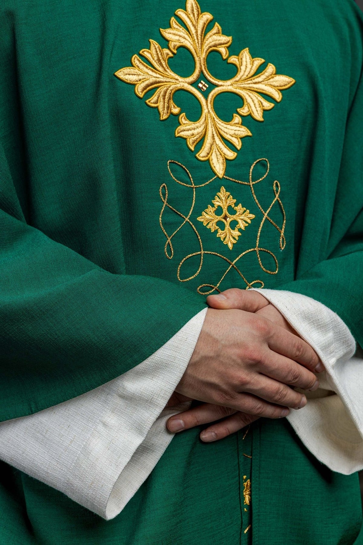 Green chasuble, close-up front detail with embroidered cross and cord motifs