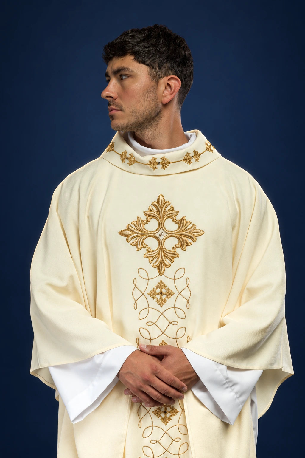 Richly Embroidered Chasuble with Stone-Decorated Cord, ivory front view with gold cross embroidery