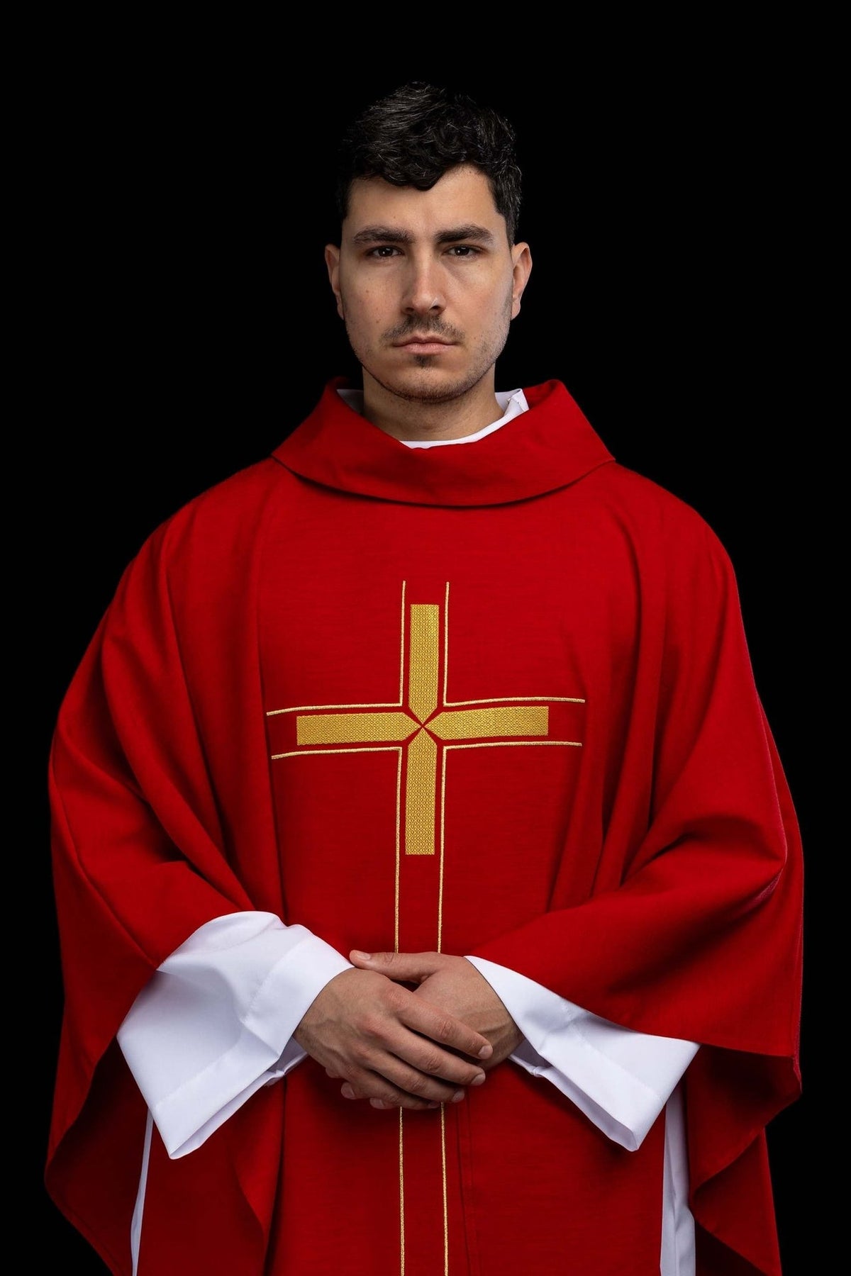 Red Catholic Chasuble with Gold Cross Embroidery and Stole, front view worn
