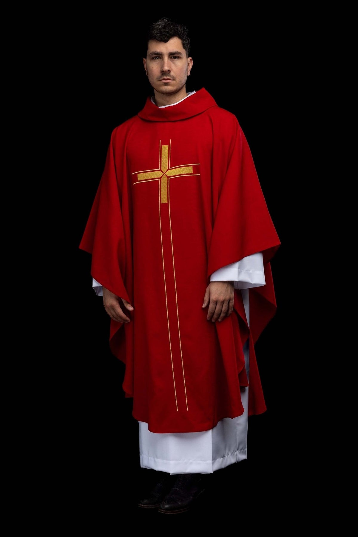 Red chasuble front view with gold cross embroidery