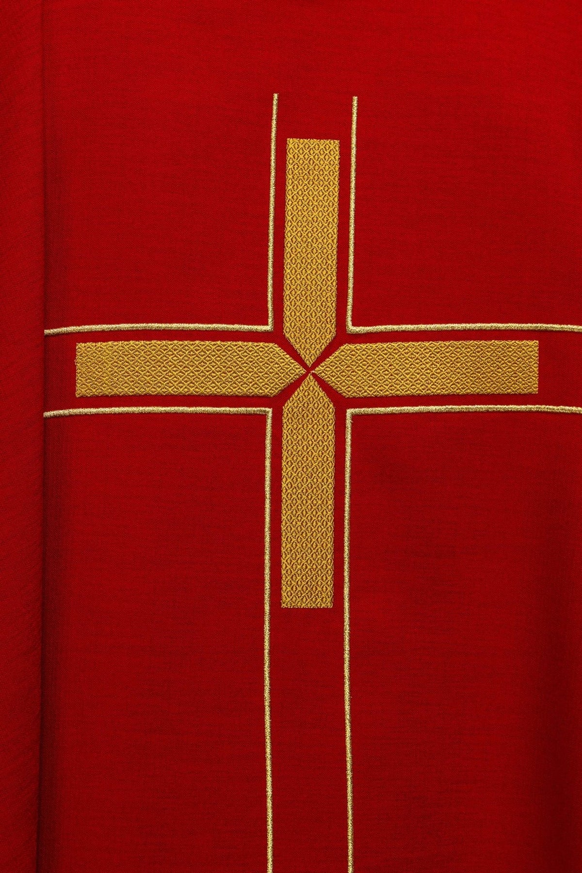 Red chasuble close-up of gold cross embroidery