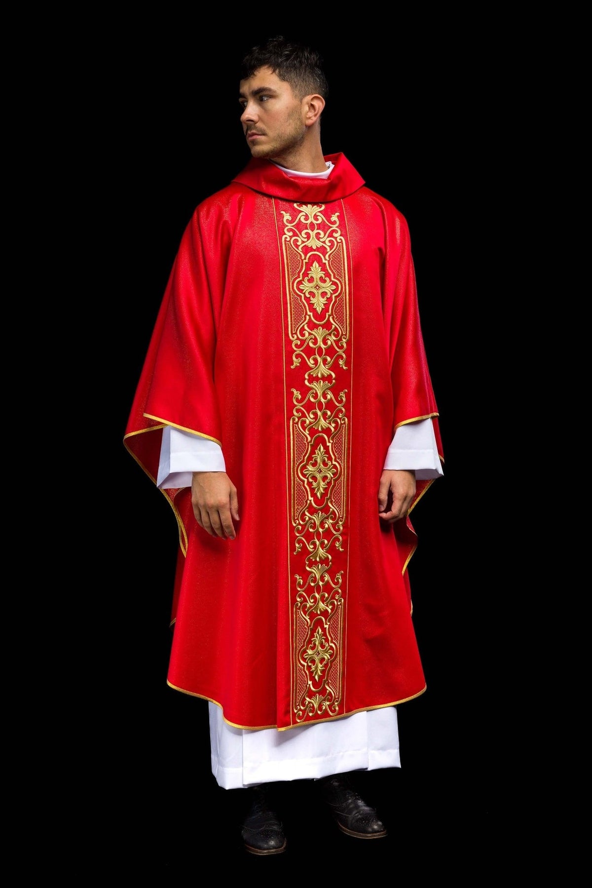 Red chasuble full front view with gold embroidered central panel and trim