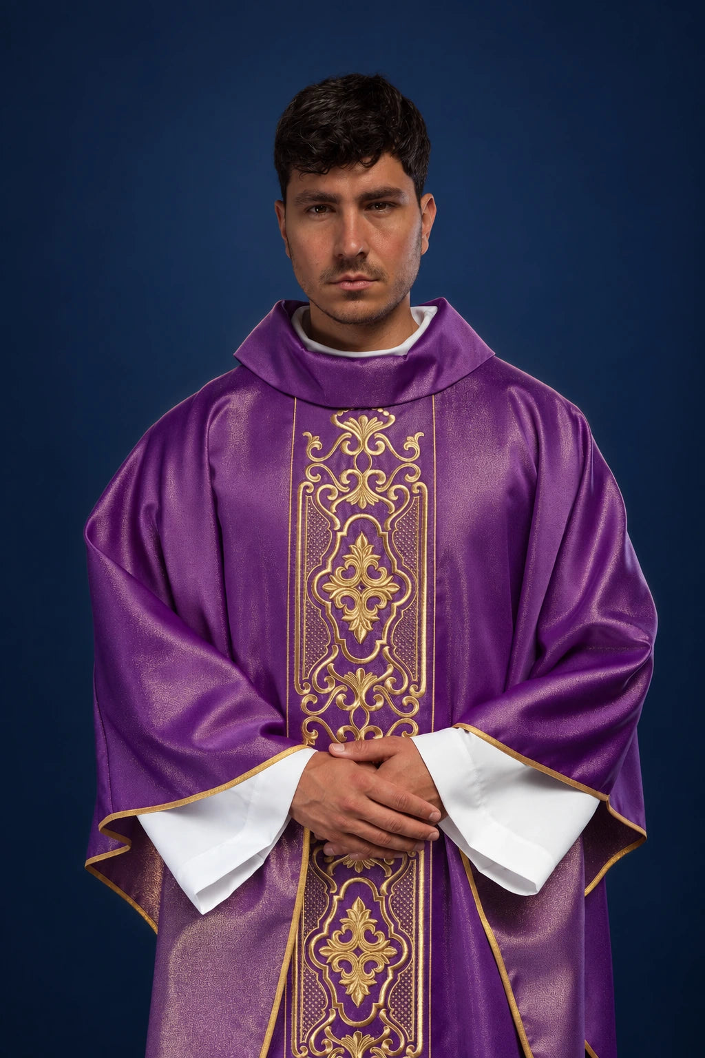 Richly Embroidered Purple Chasuble with a Shimmering Finish, front view with gold embroidery and trim