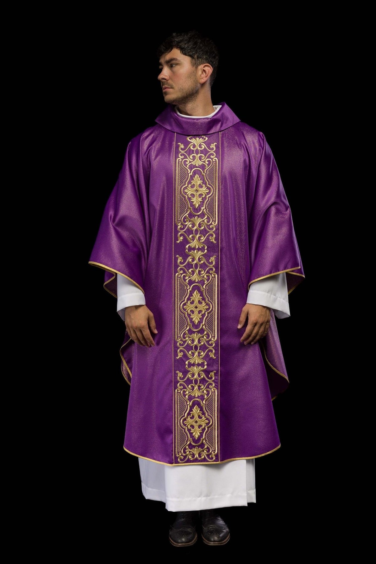 Purple chasuble, full front view with gold embroidered central panel and trim