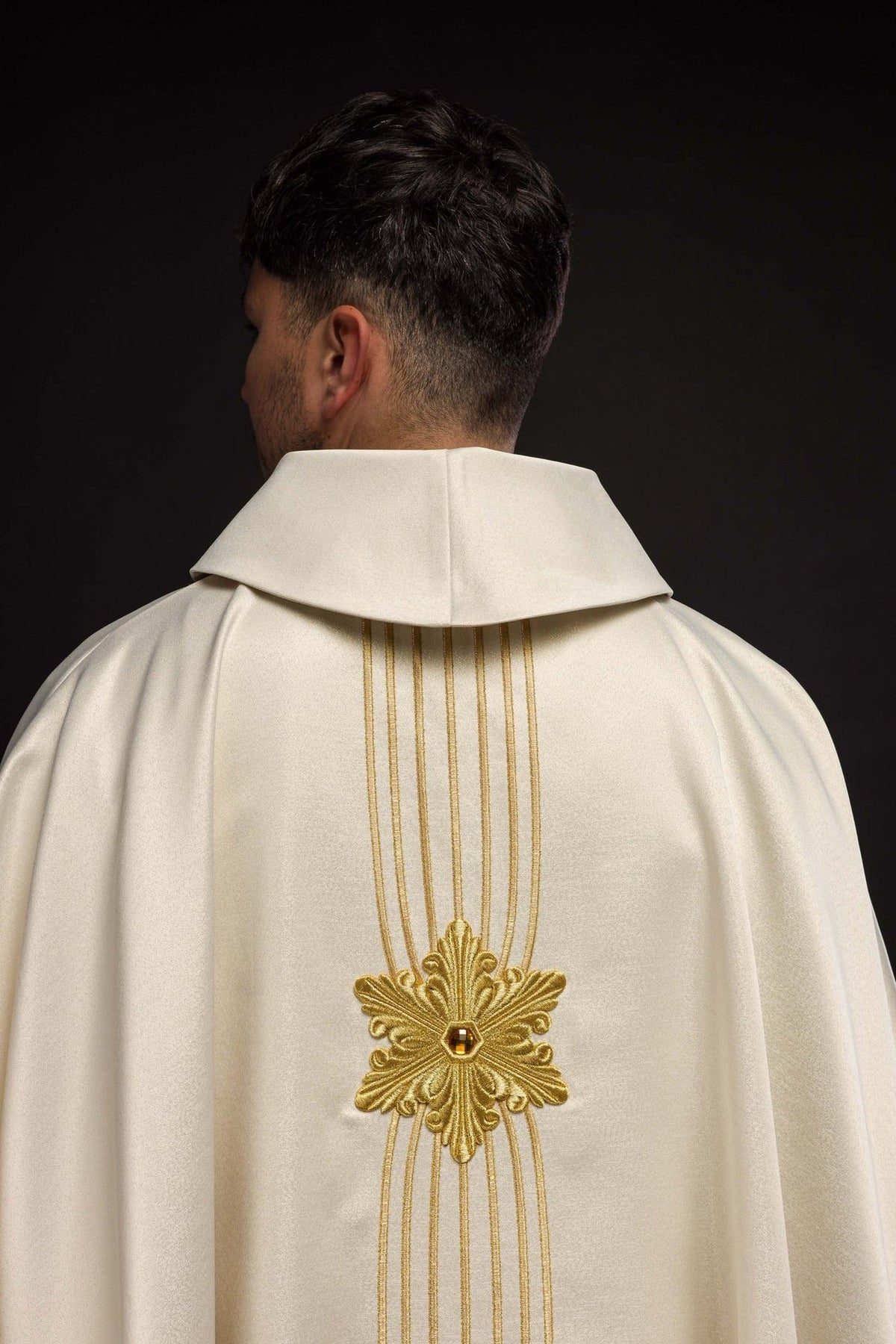 Ecru Marian chasuble detail showing embroidered gold crown with stones