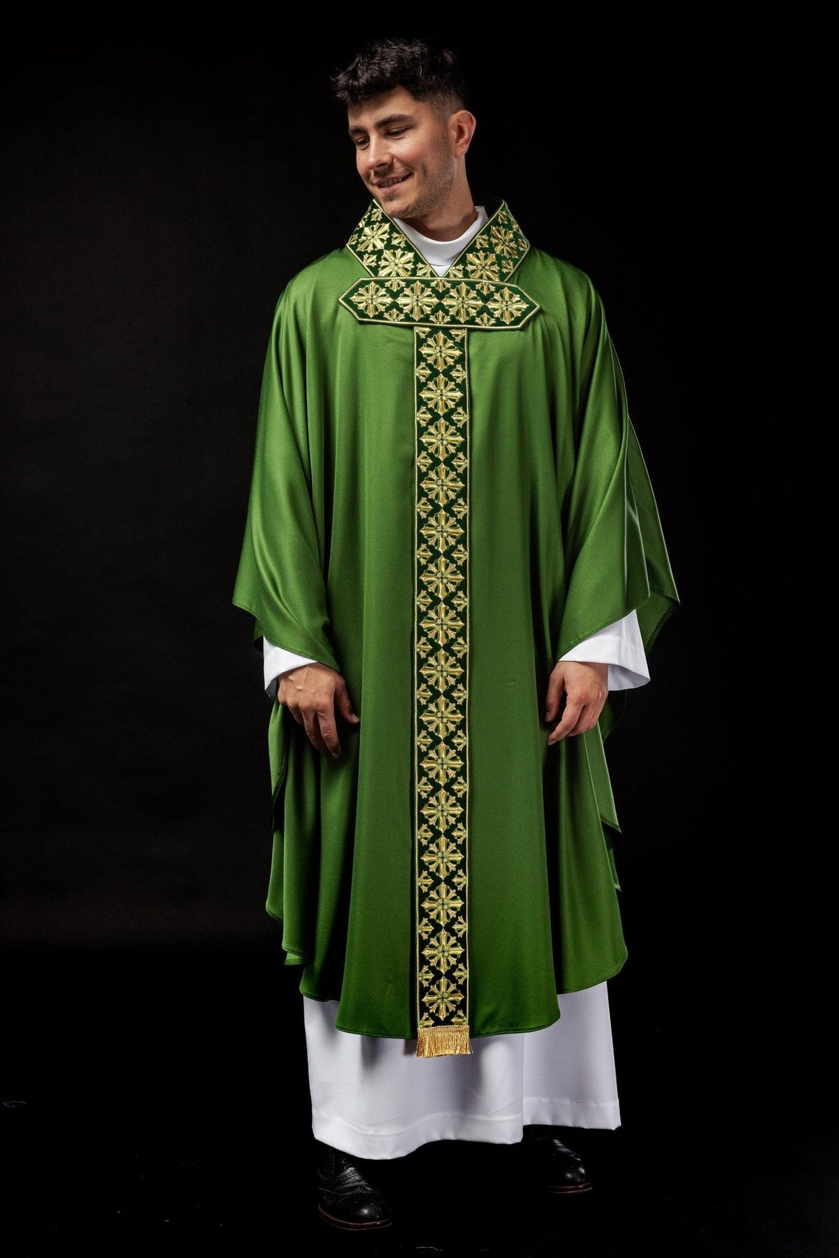 Green chasuble, full front view with gold cross embroidery and stand-up collar