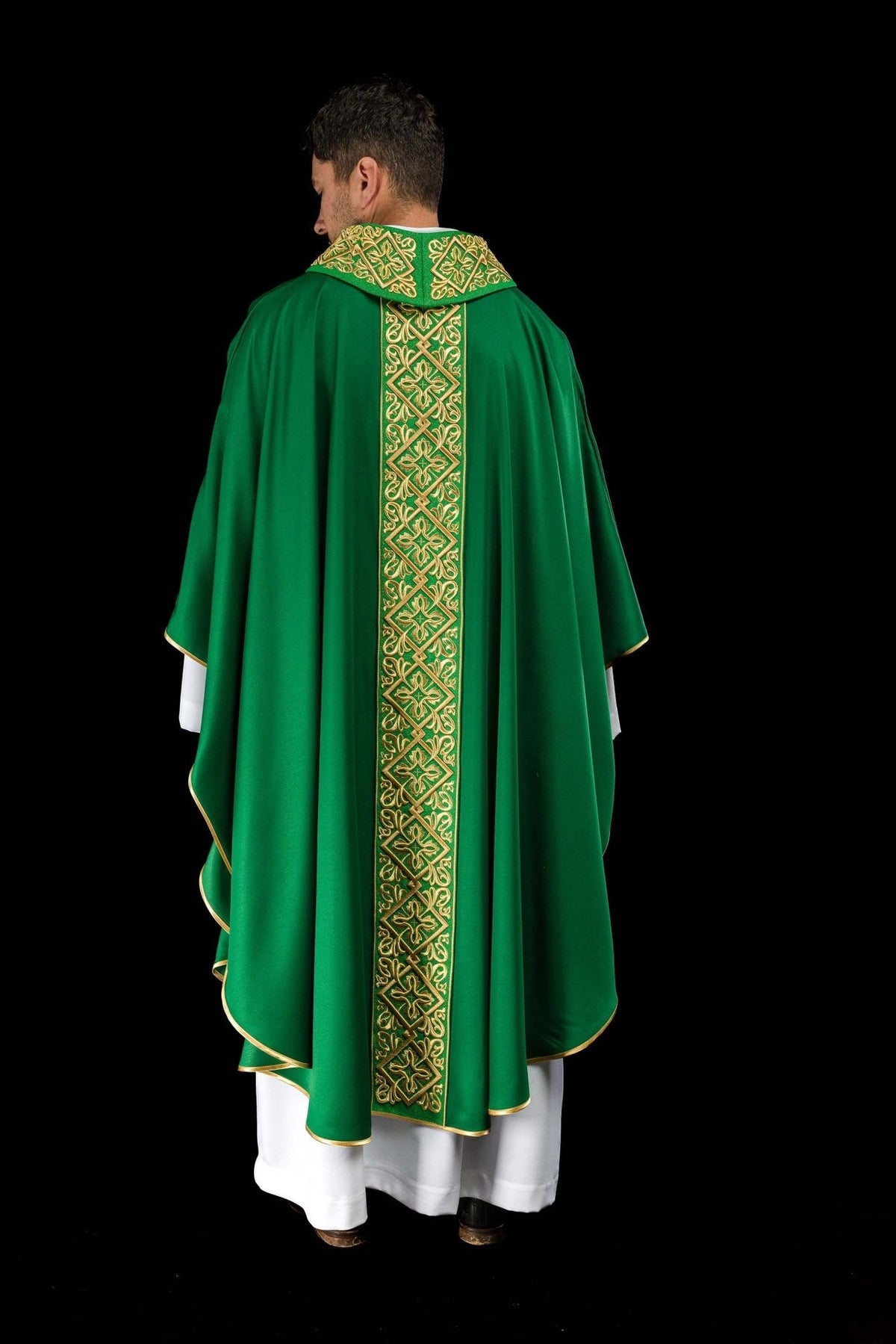 Green chasuble full back view with gold embroidered central trim
