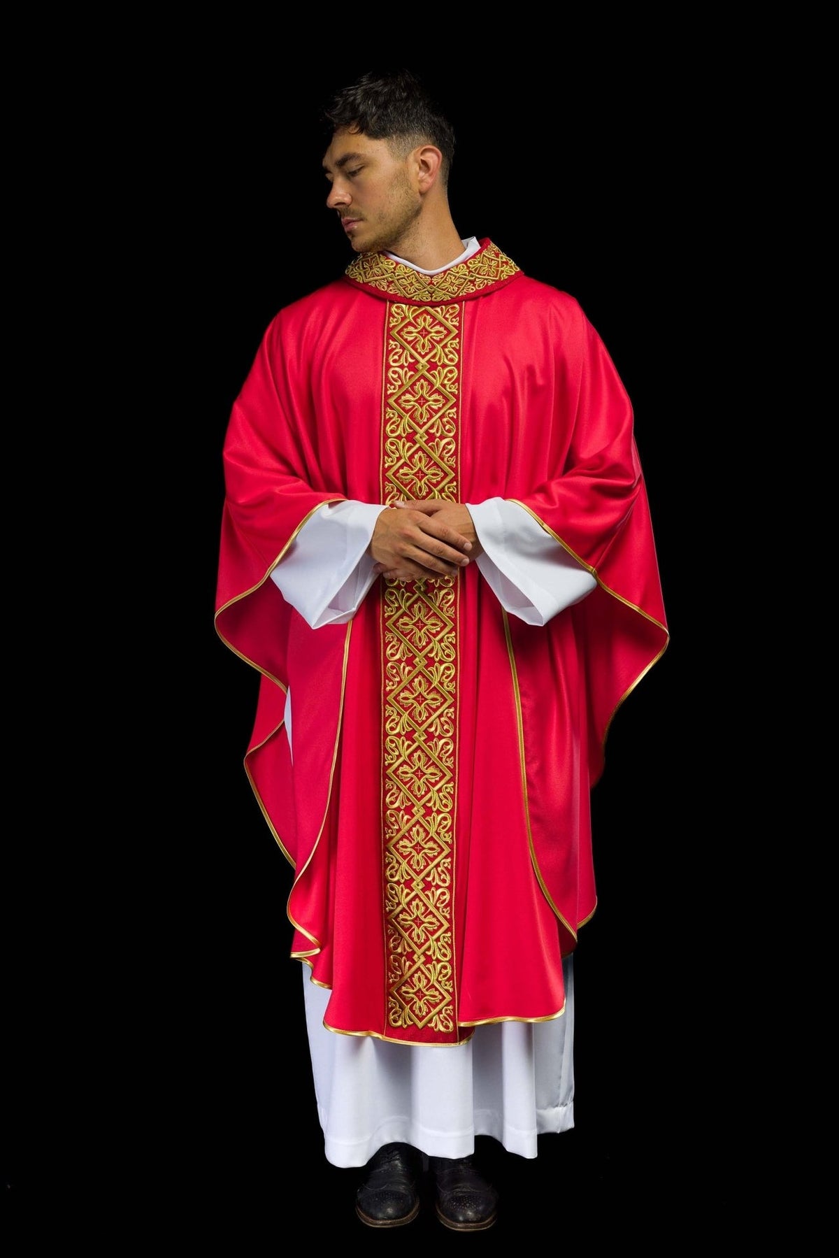 Red chasuble front view with gold embroidery, crosses, stand-up collar and trim