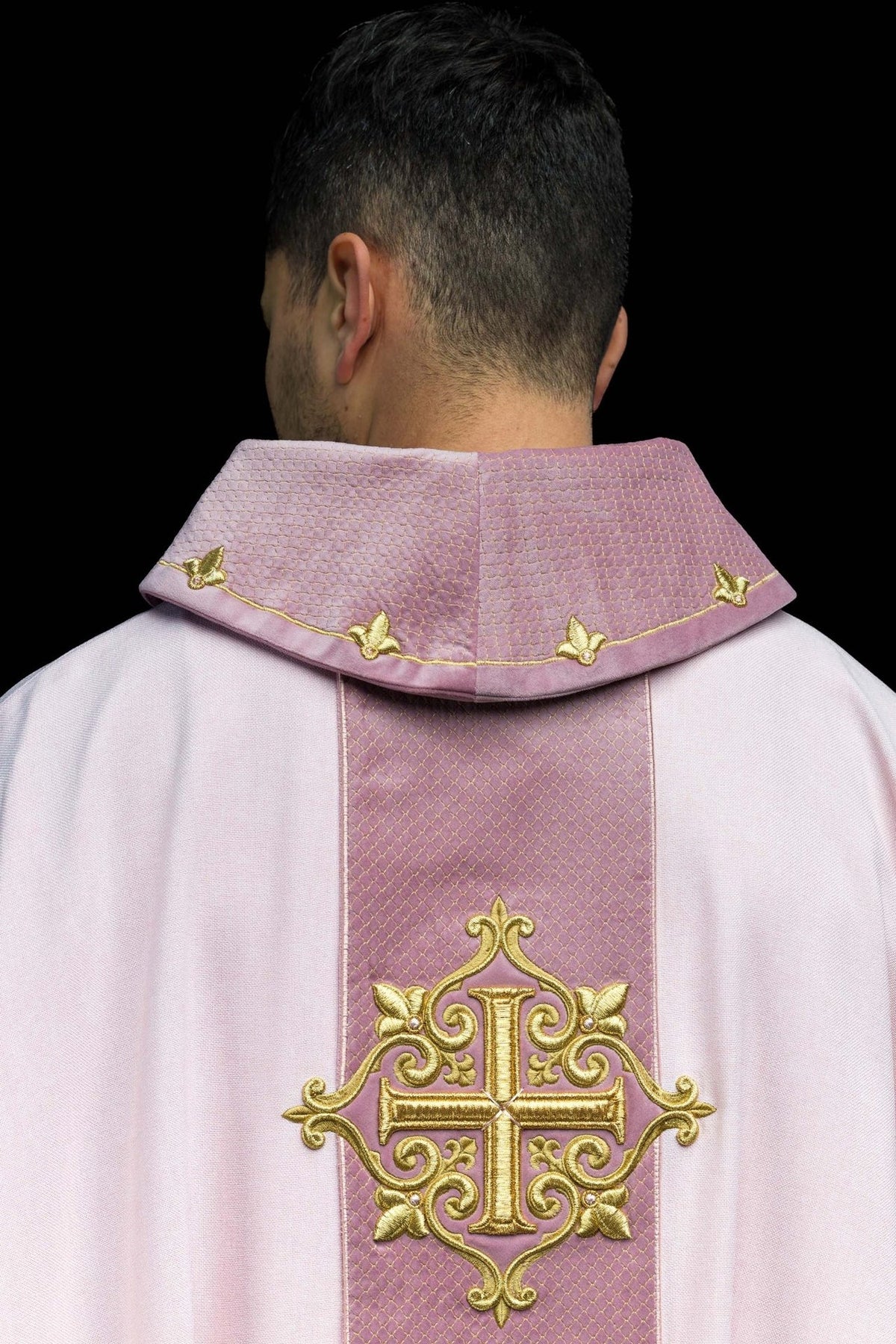 Pink chasuble back view with central panel and rose cross embroidery