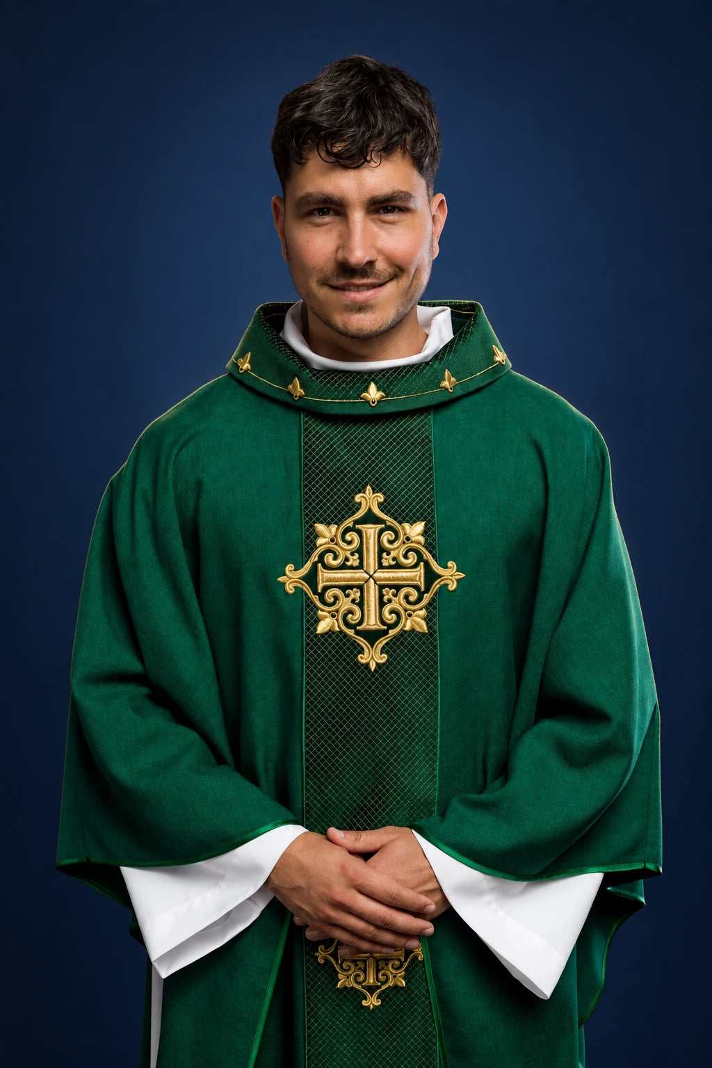 Chasuble with Green Velvet Orphrey and Cross Embroidery, front view in green with gold cross embroidery