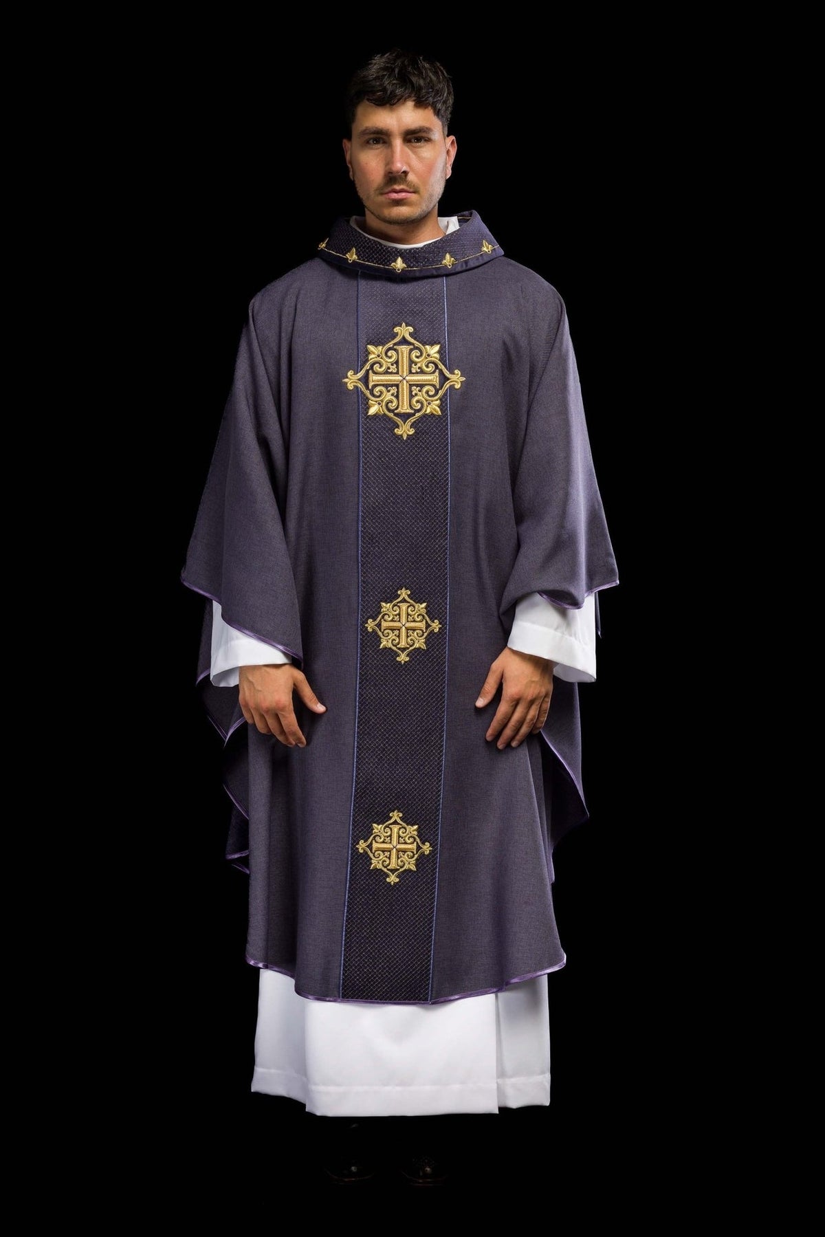 Purple velvet chasuble front view with gold cross embroidery
