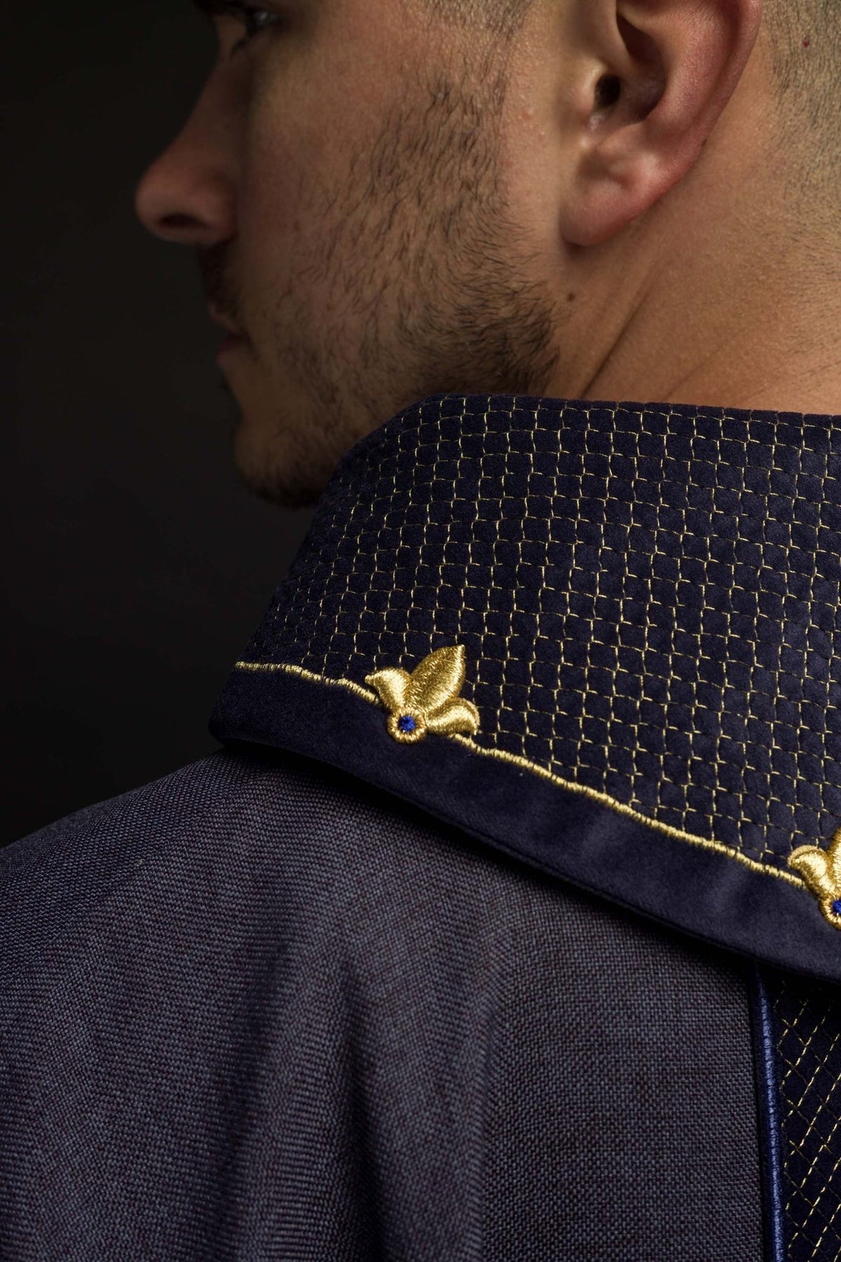 Purple velvet chasuble stand-up collar with gold trim and embroidered motifs