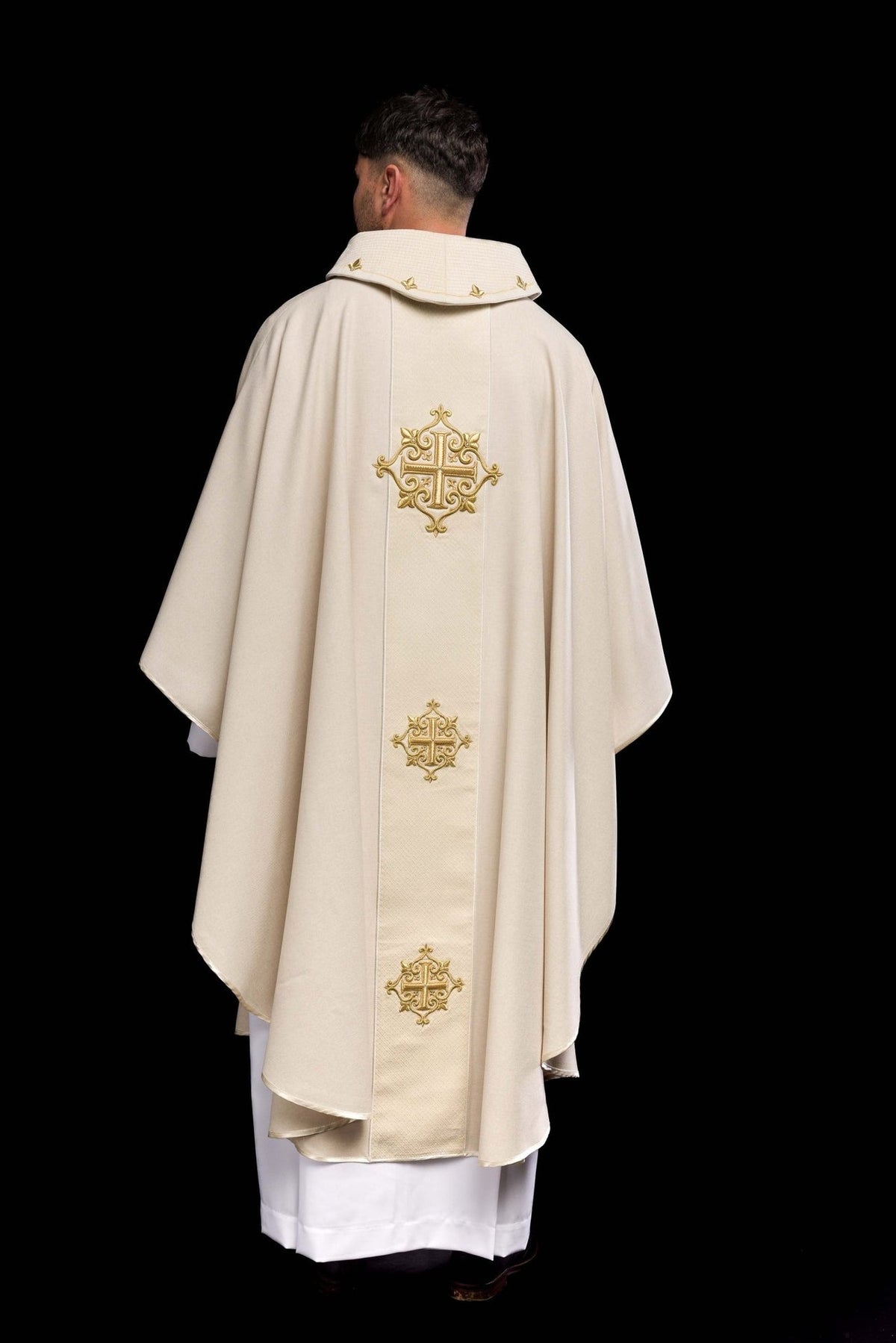 Chasuble full back view with three gold embroidered crosses
