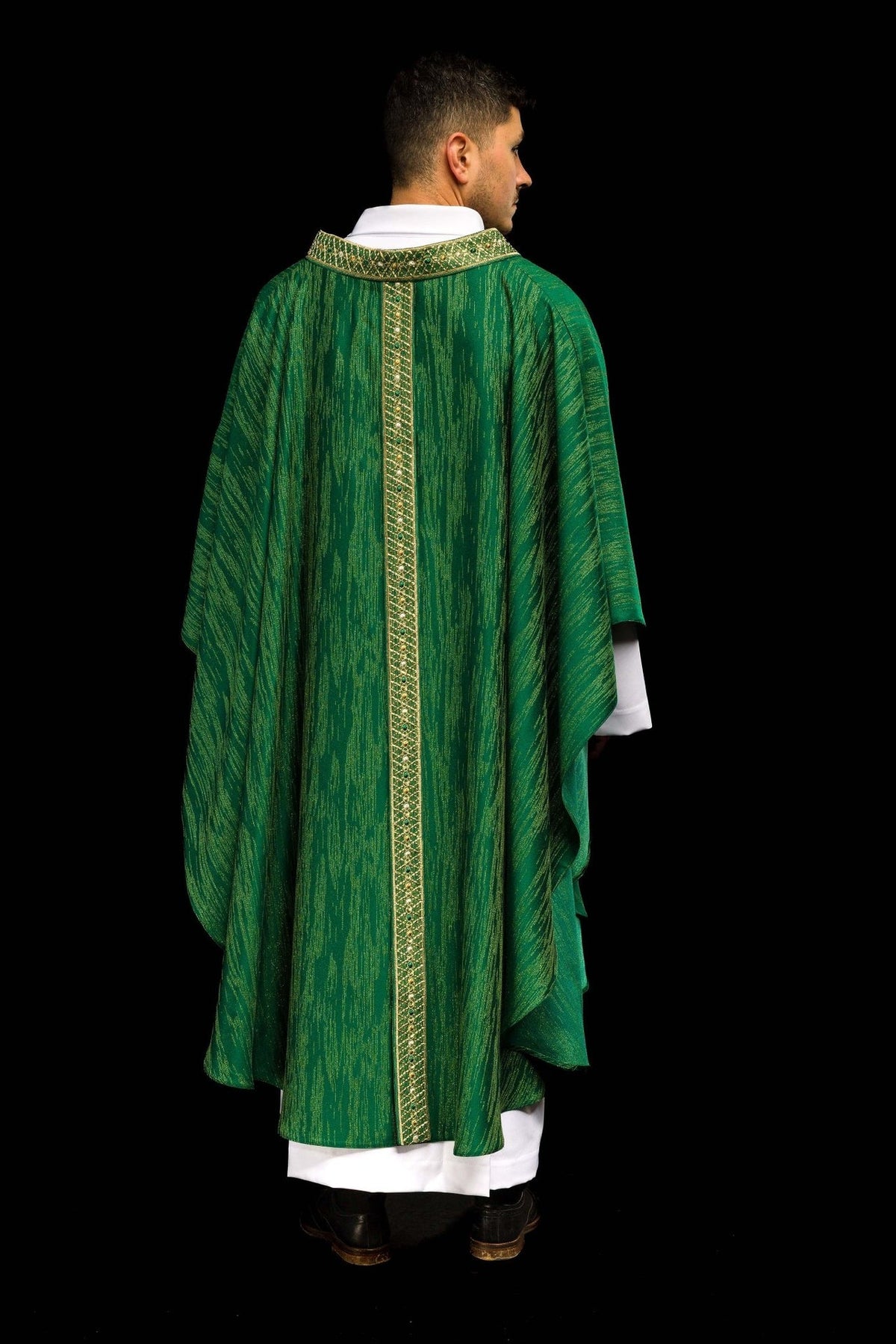Green chasuble back view with embroidered orphrey and collar