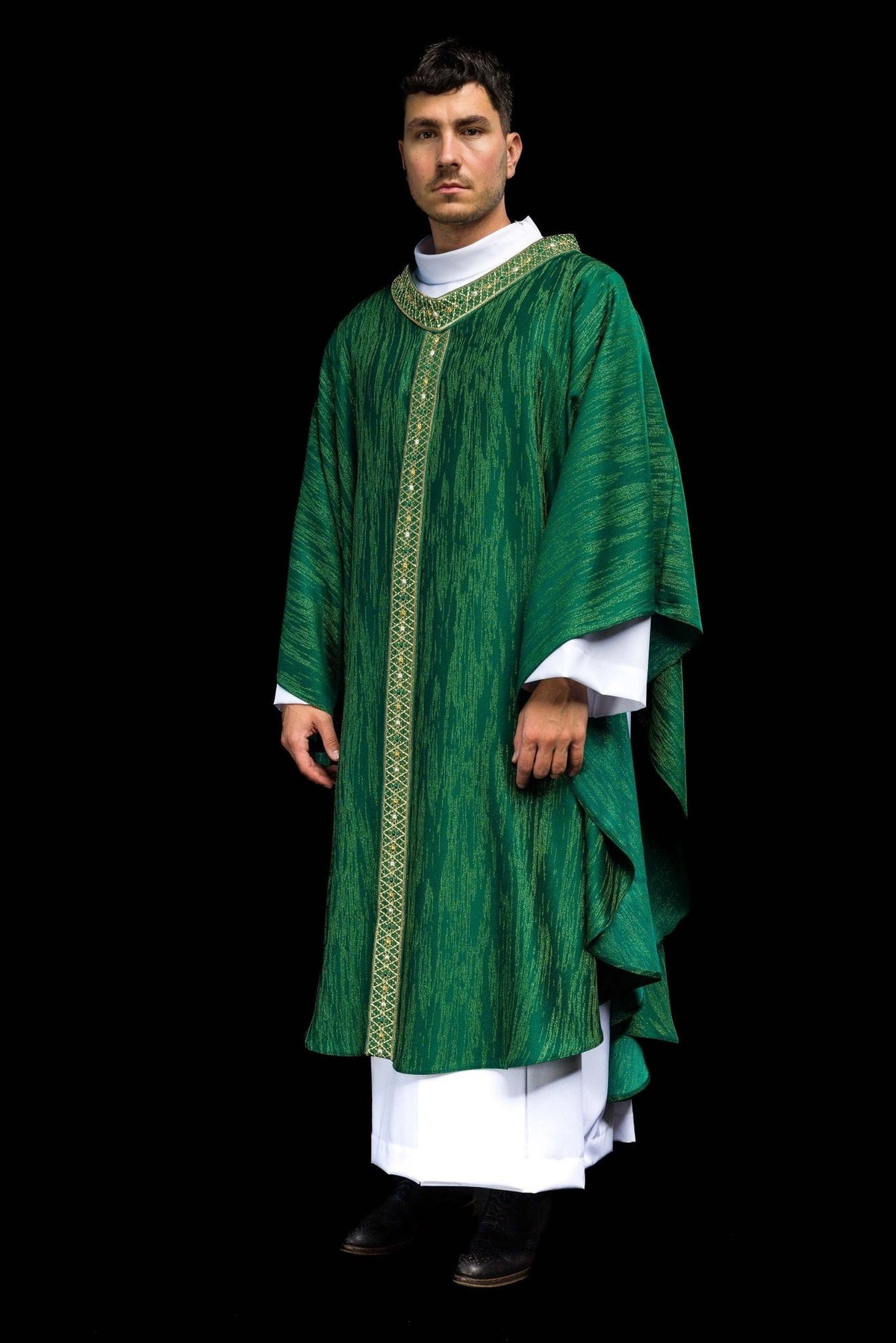 Green chasuble three-quarter front view with embroidered trim