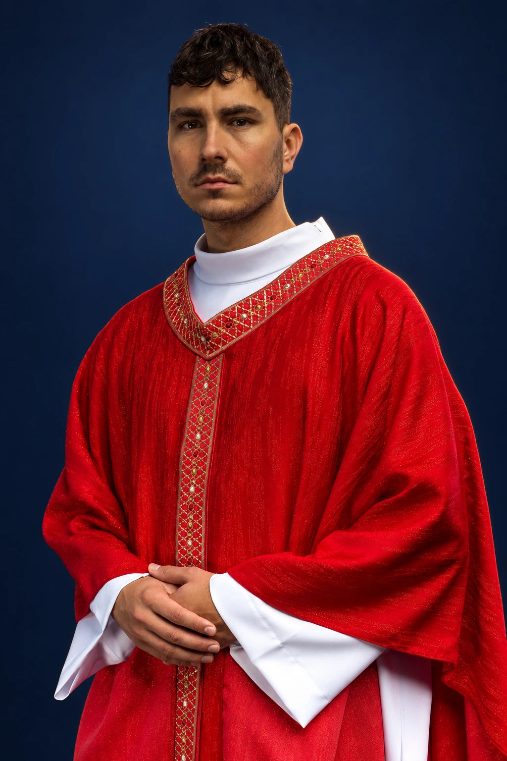Red Catholic Chasuble with Embroidered Orphrey and Collar, front view with white trim and red embroidery