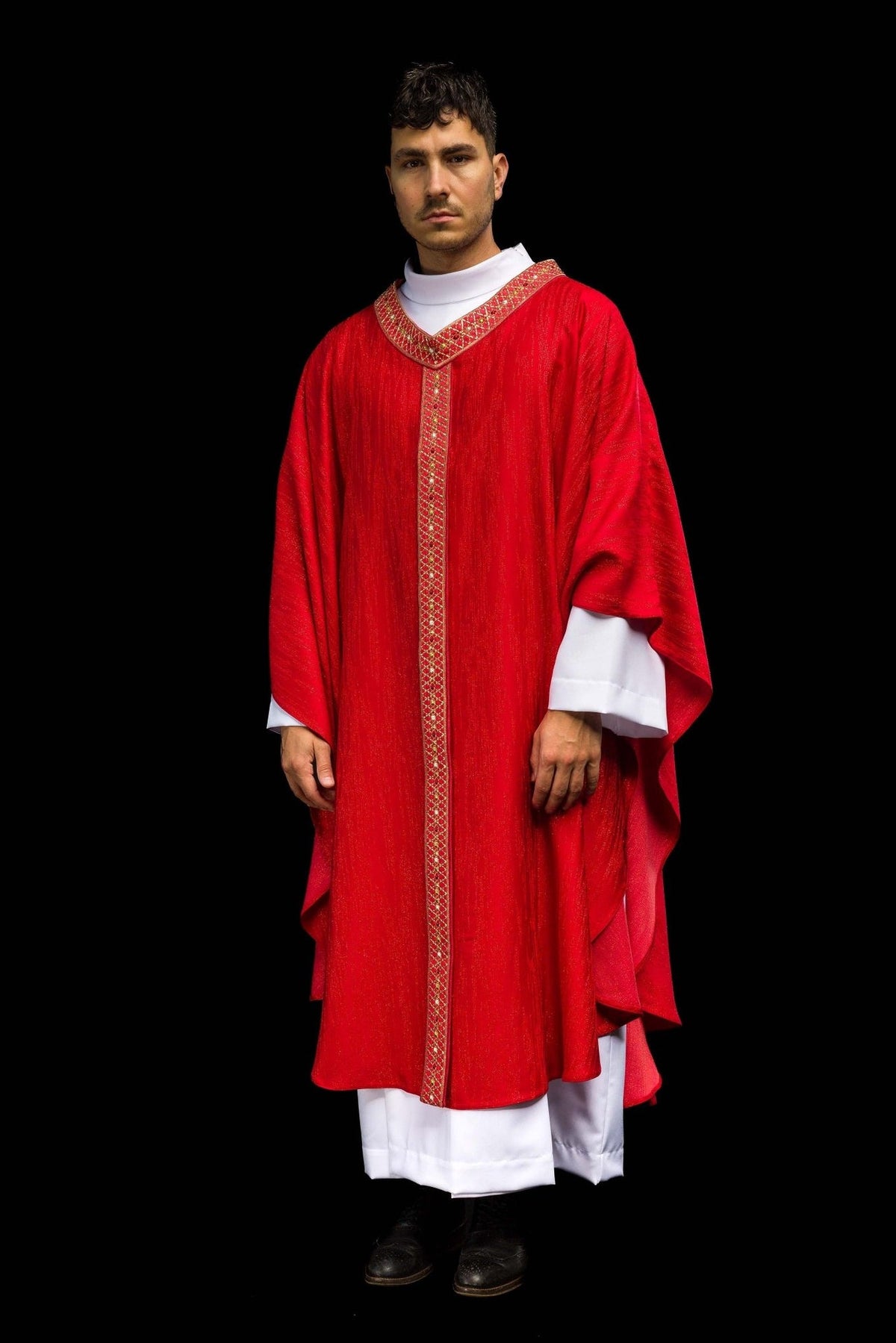 Red chasuble front view with embroidered orphrey and white trim