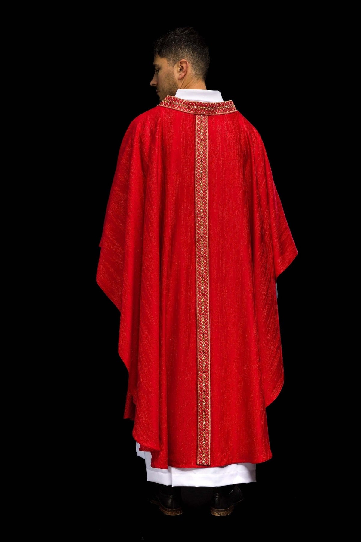 Red chasuble back view with embroidered orphrey and collar