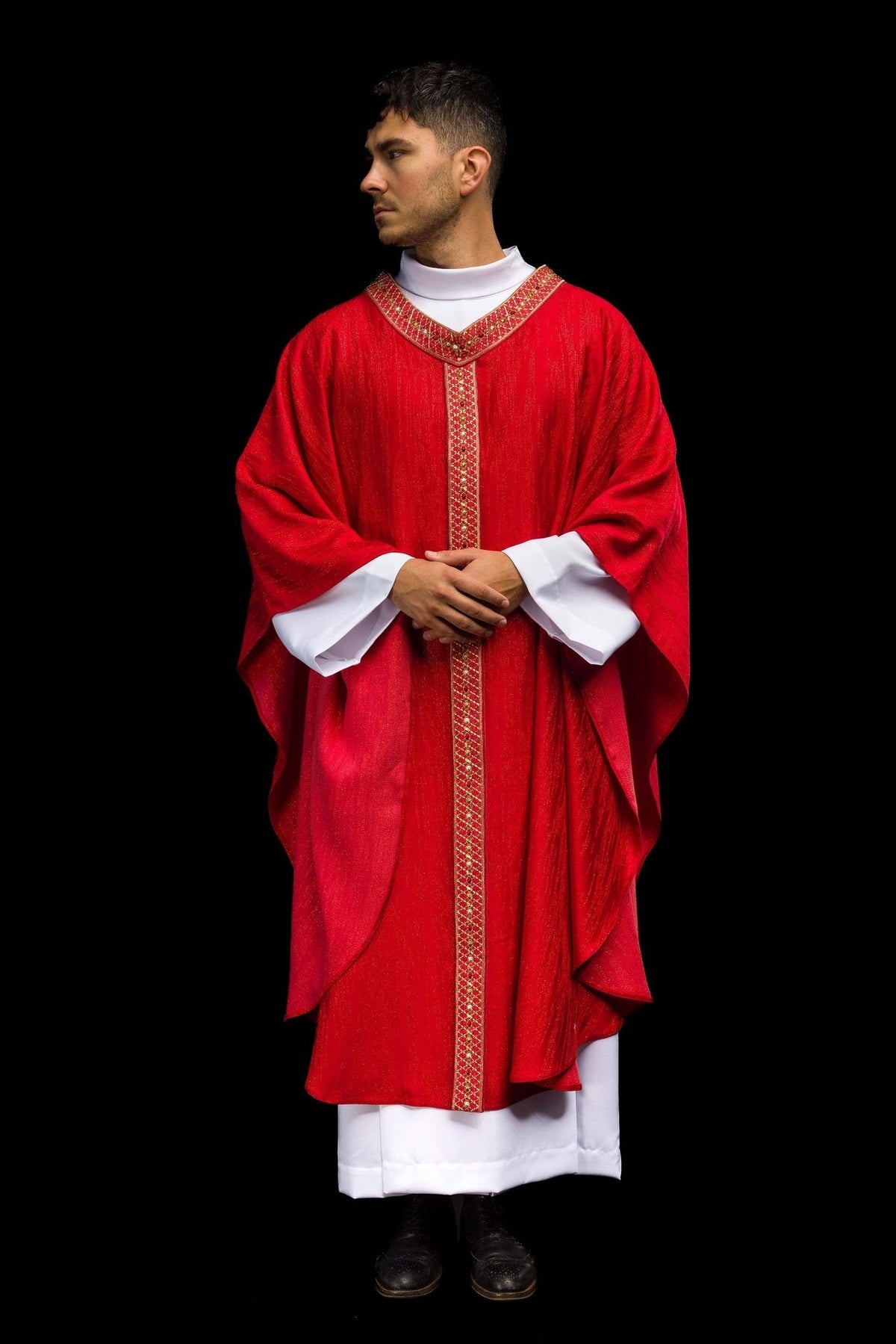 Red chasuble front view with embroidered collar and central orphrey