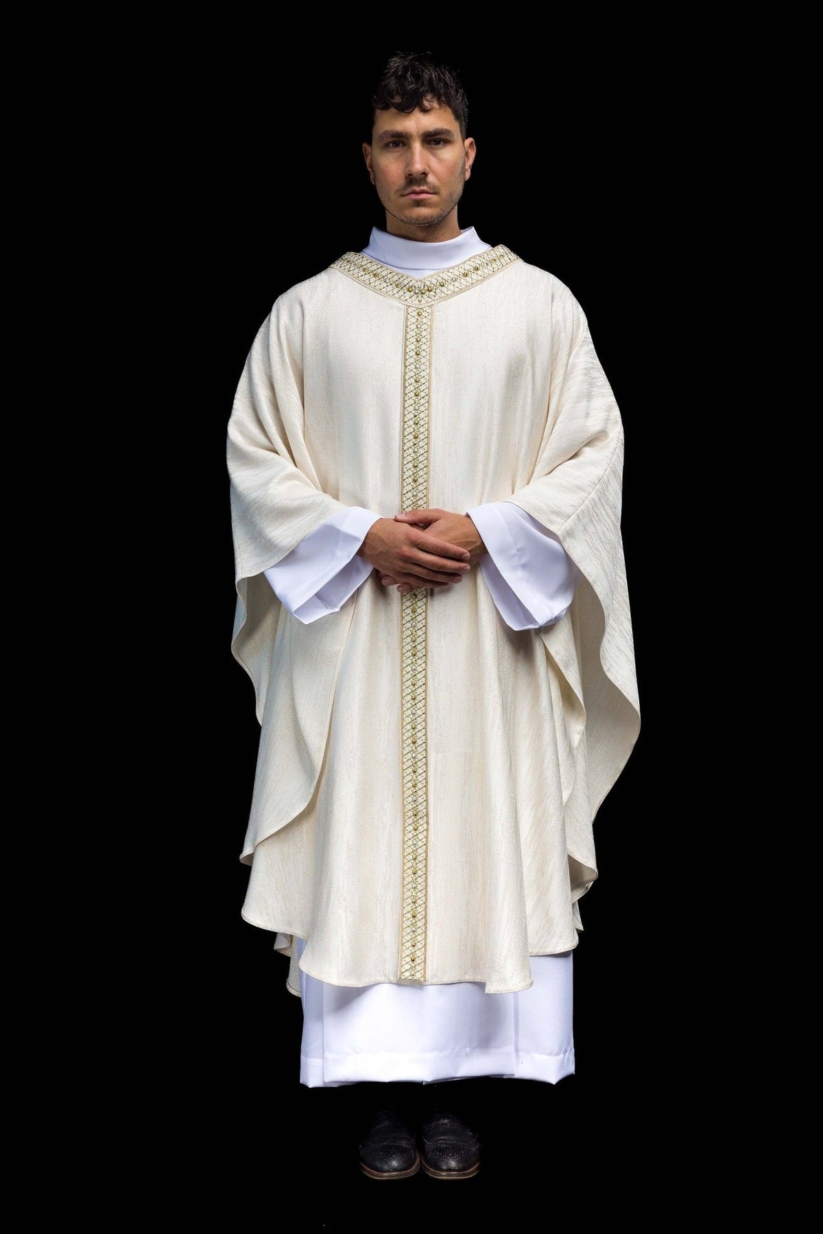 White chasuble, full front view with embroidered orphrey and collar